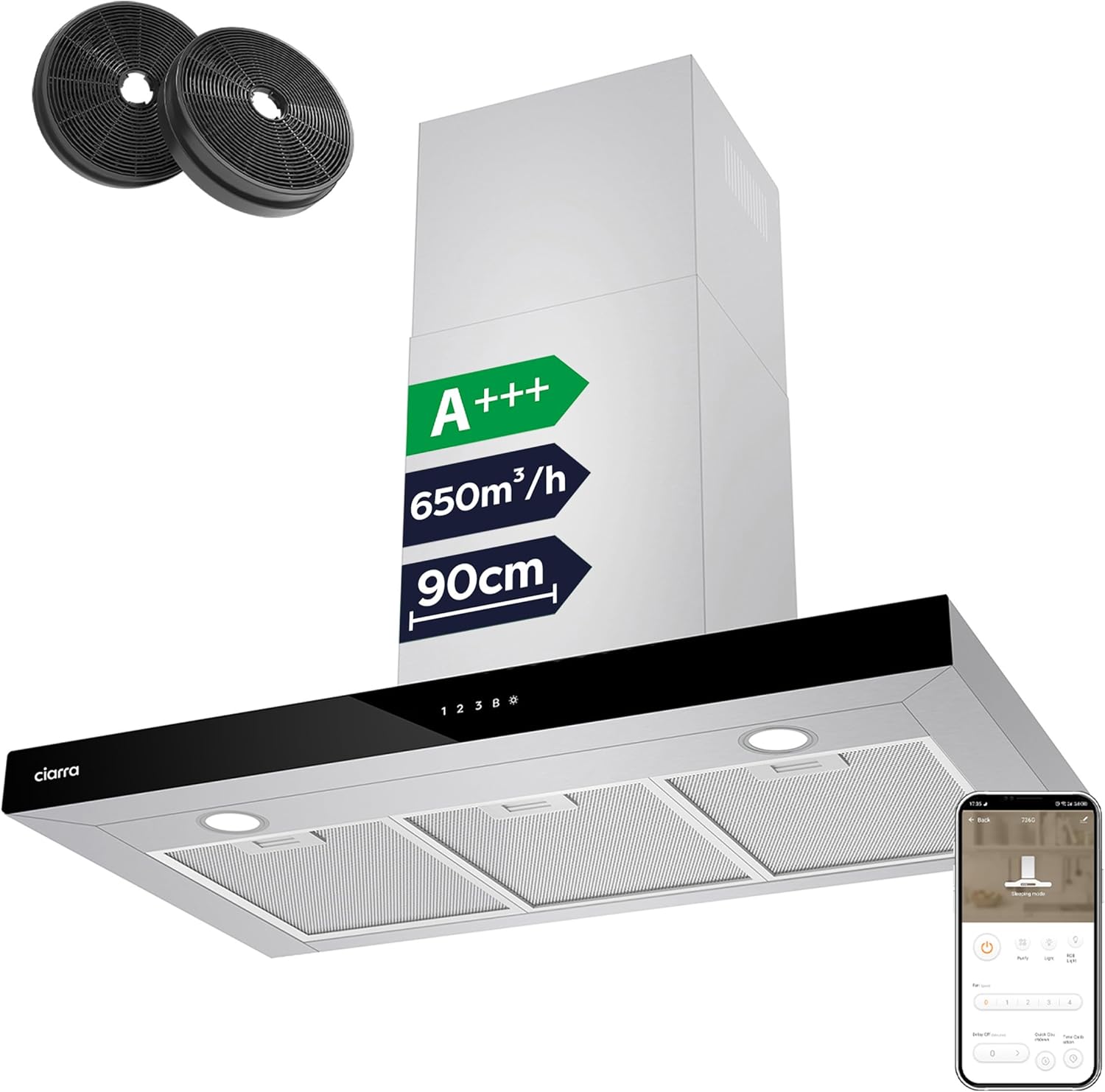 Ciarra CBCS9102 90cm Cooker Hood Wall Mount Chimney Hood Recirculating&Ducting 650 m³/h with 4 Speed WIFI APP Touch Control Kitchen Extractor Fan with CBCF003 Carbon Filters