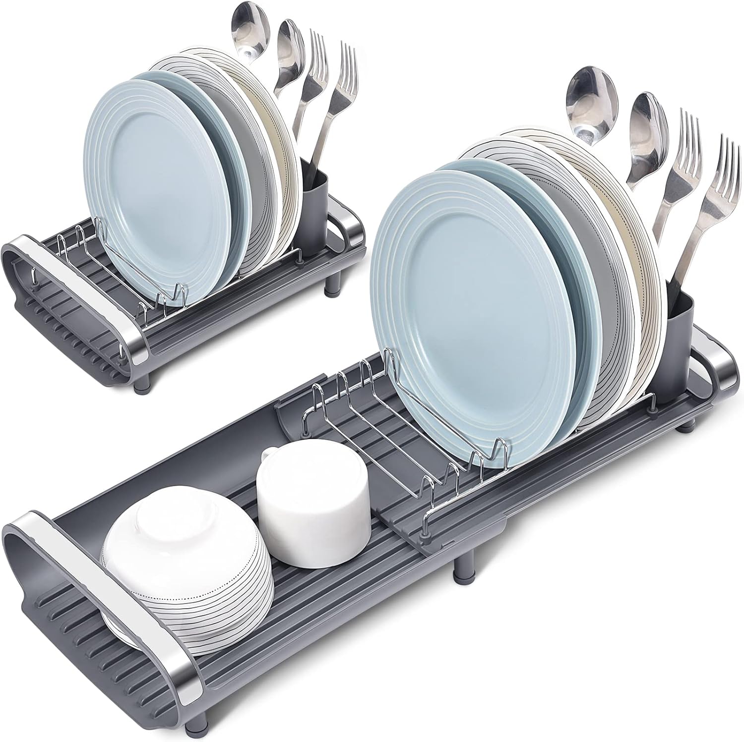 Dish Drainer Rack, Small Dish Drainer, Expandable Dish Rack With Removable Cutlery Holder, Anti Rust Small Drying Rack for Sink, Compact Draining Board Rack For Kitchen Counter, Grey