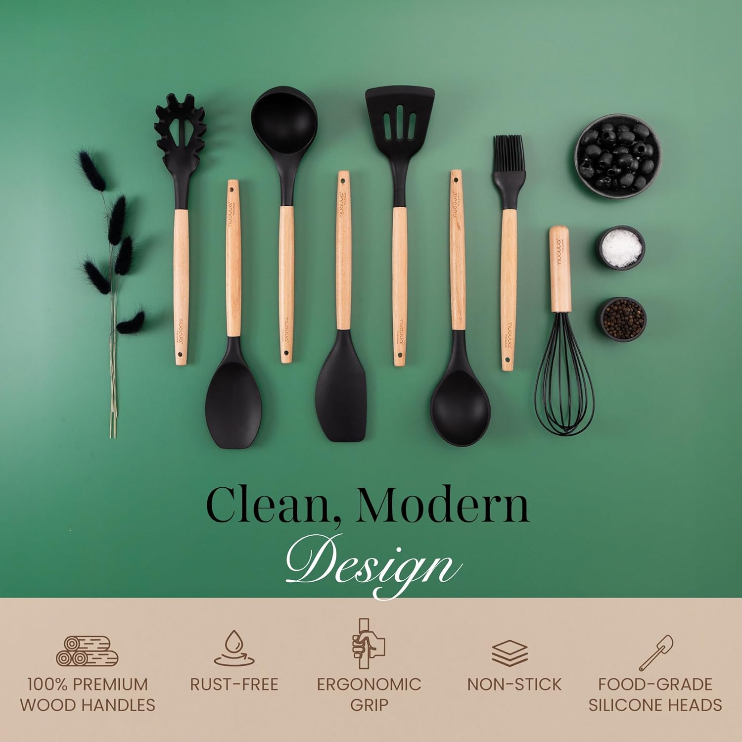 Kitchen Non Stick Cooking Utensils Set – Heat Resistant Silicone Utensils with Wooden Handle – Ladles, Spoons and Spatulas Set – Kitchen Tools & Accessories – 35pcs, Black – by Nuovva - Image 9