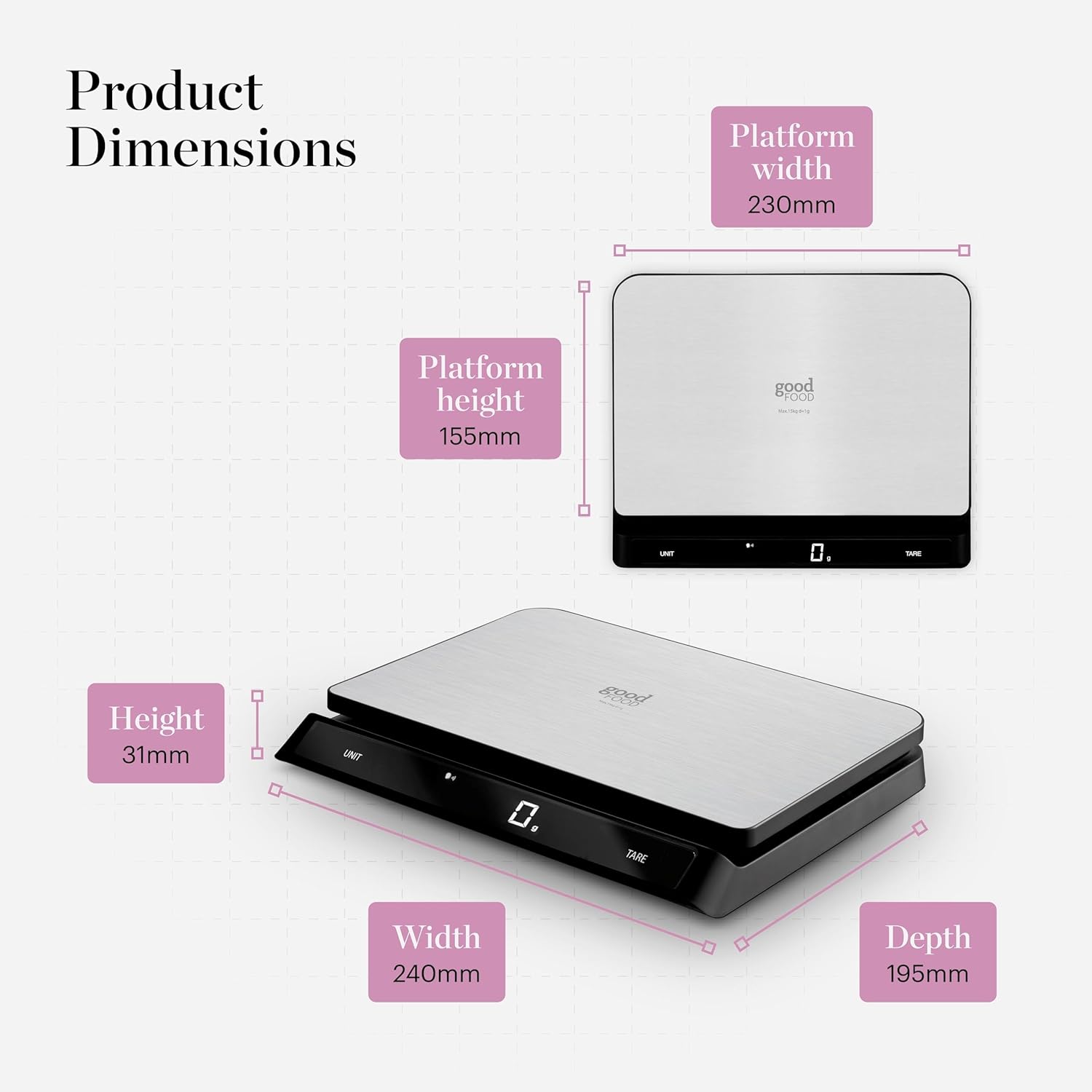 GF876009 Good Food in partnership with Tower Digital Intelli Kitchen Scale, Voice Control, LED Display, USB Rechargeable, 15kg Capacity, Black & Stainless Steel, 19.45 - Image 6