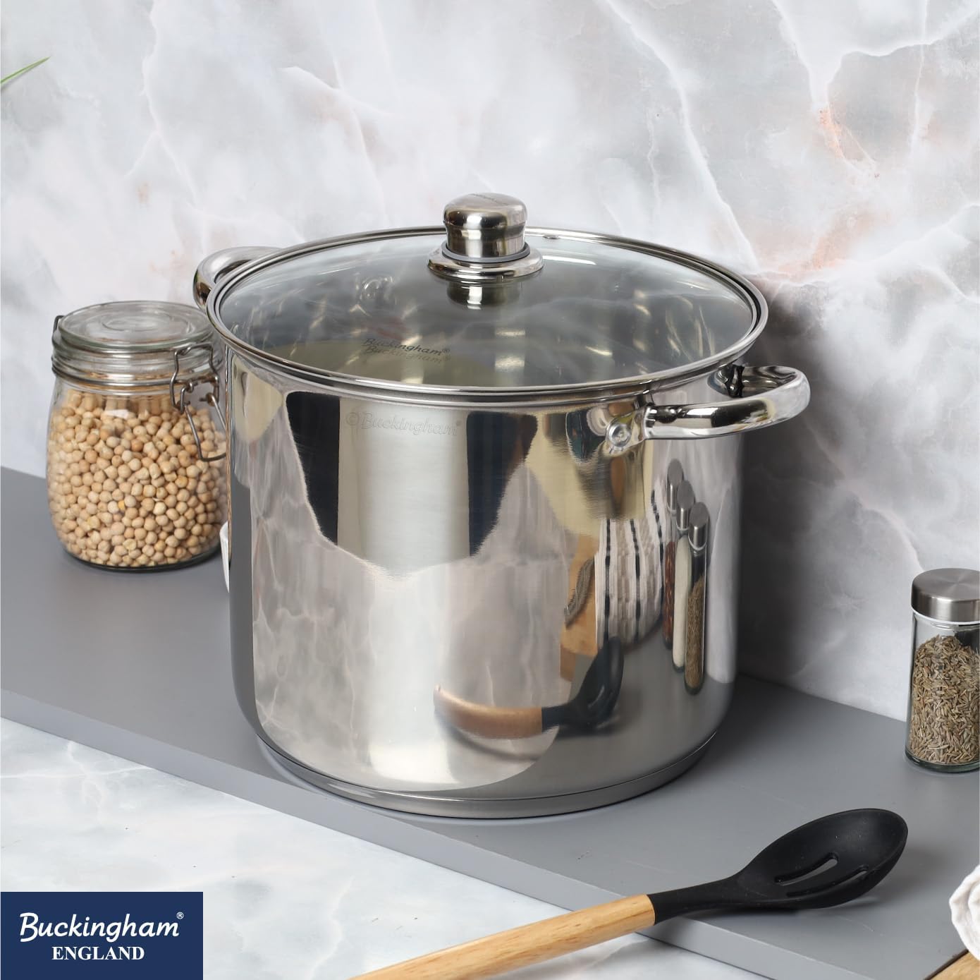 Buckingham Deep Induction Stock Pot with Glass Lid Premium Stainless Steel Multipurpose Large Cooking Pot for Soups Stews (11 litres) - Image 5