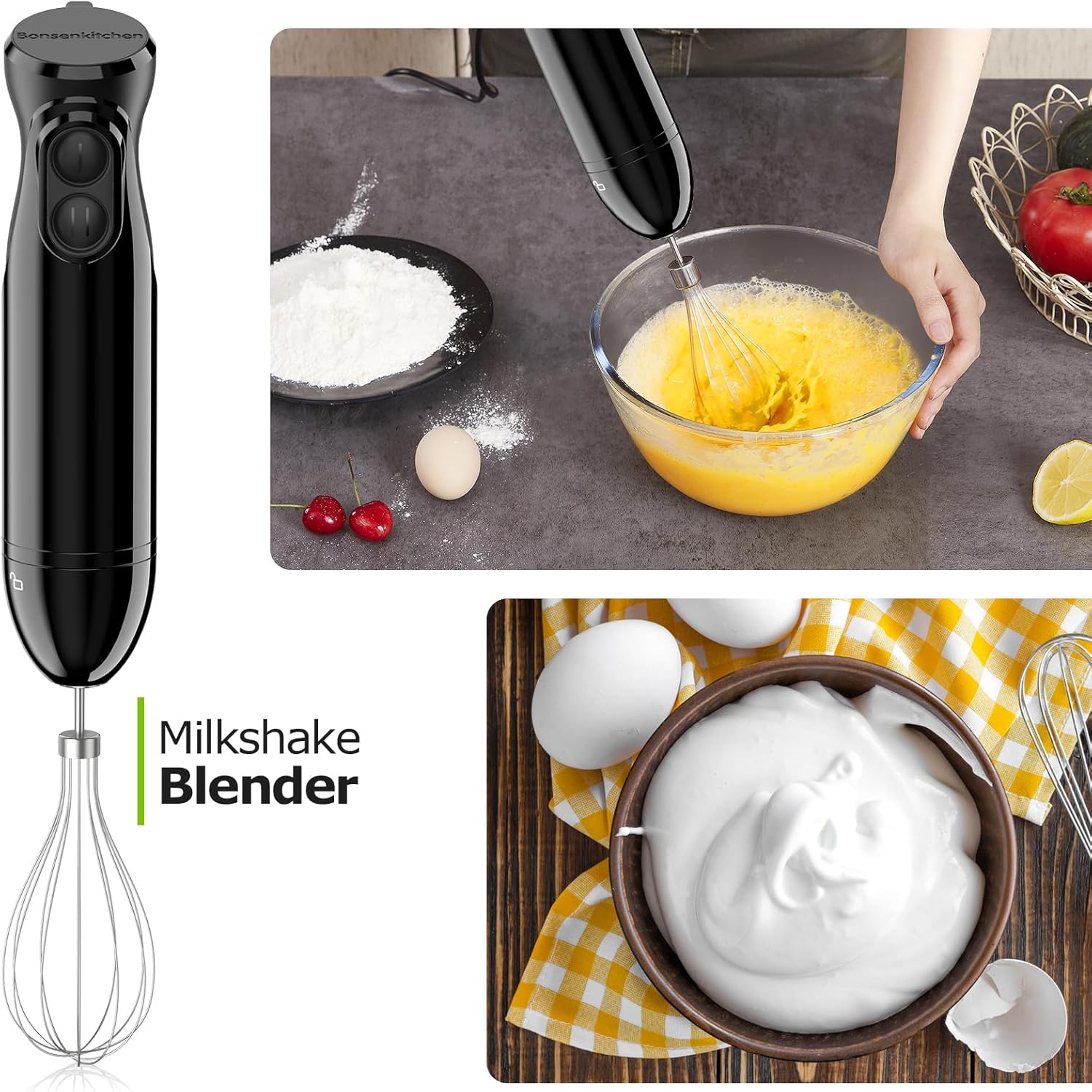 Bonsenkitchen Hand Blender, 3-in-1 Immersion Blender handheld, Stick Blender Electric with Stainless Steel Blade, Egg Whisk, 700ml Beaker for Making Baby Food, Soups, HB3202 (Black) - Image 4
