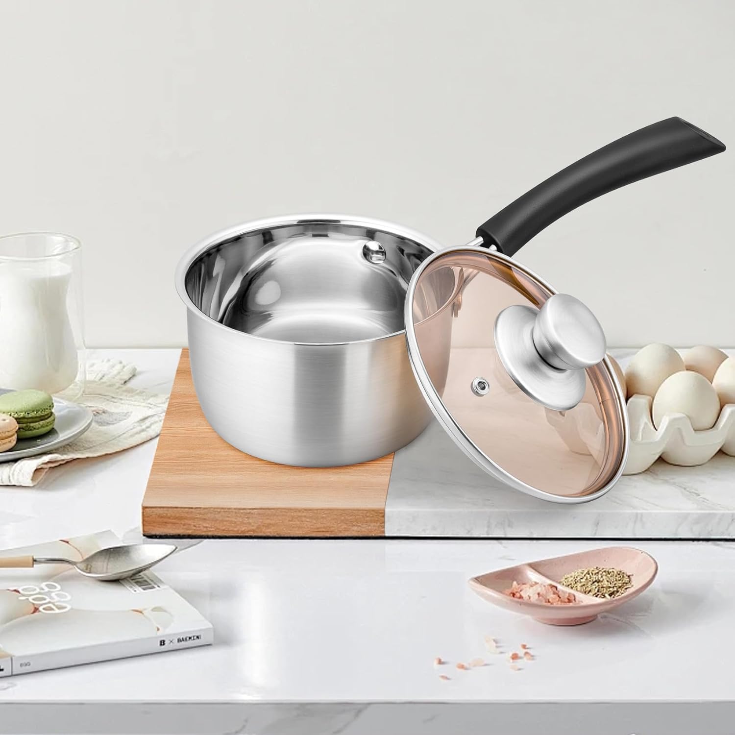 Onader 14cm Saucepan, Stainless Steel Sauce Pot with Glass Lid, Small Milk Cooking Pan with Heatproof Handle for Kitchen Restaurant Cooking, Healthy & Easy Clean - Image 5