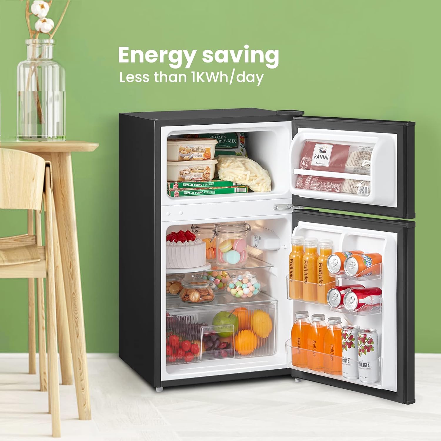 COMFEE' RCT87BL2(E) Under Counter Fridge Freezer, 87L Double Door Small Fridge Freezer with Light, Removable Shelves, Adjustable Thermostats, Reversible Doors Black - Image 5