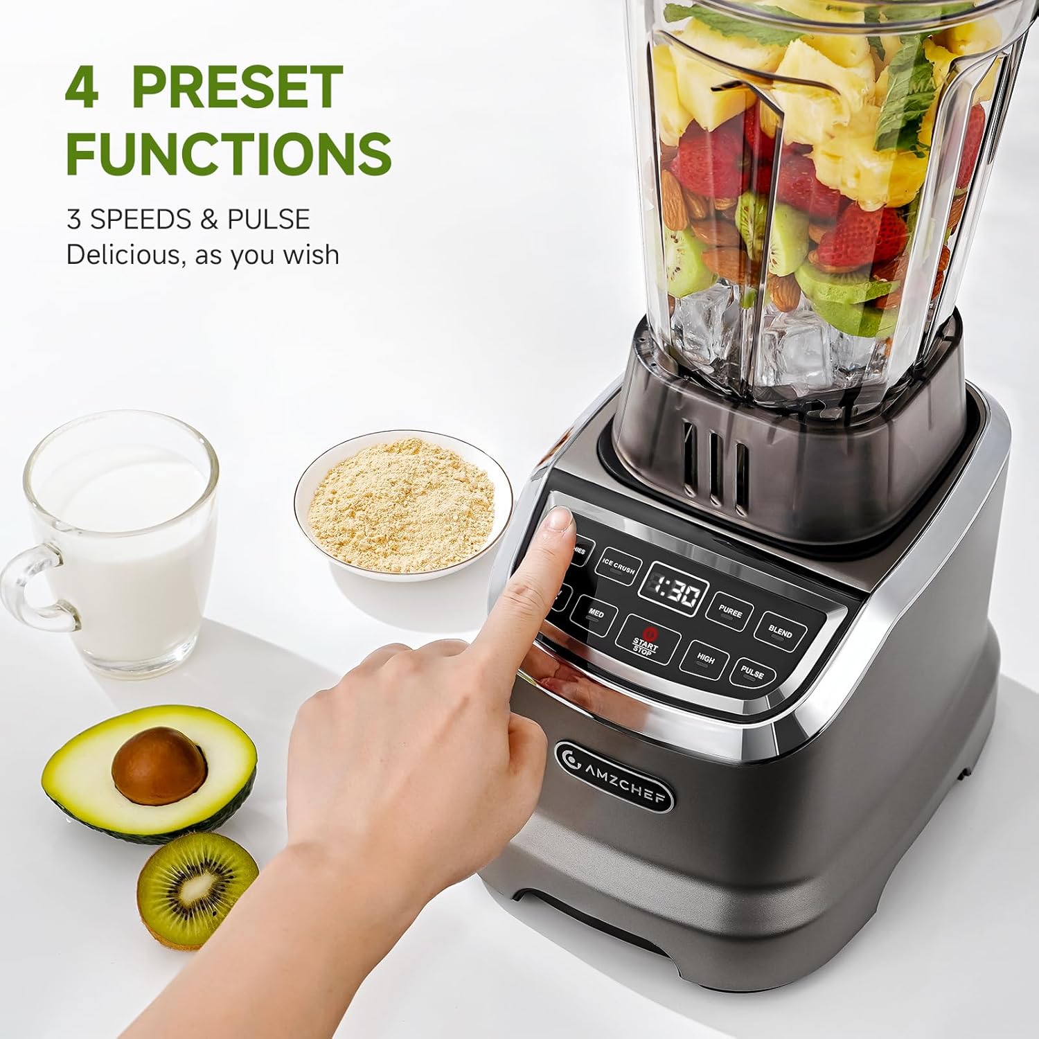 AMZCHEF Blender Smoothie Maker with Two Ways, 1800W Blenders for Kitchen with Smart Panel Control, 3 Speed Control & 4 Preset Settings, 1.85L Jug & 600ml Portable Bottle - Image 5