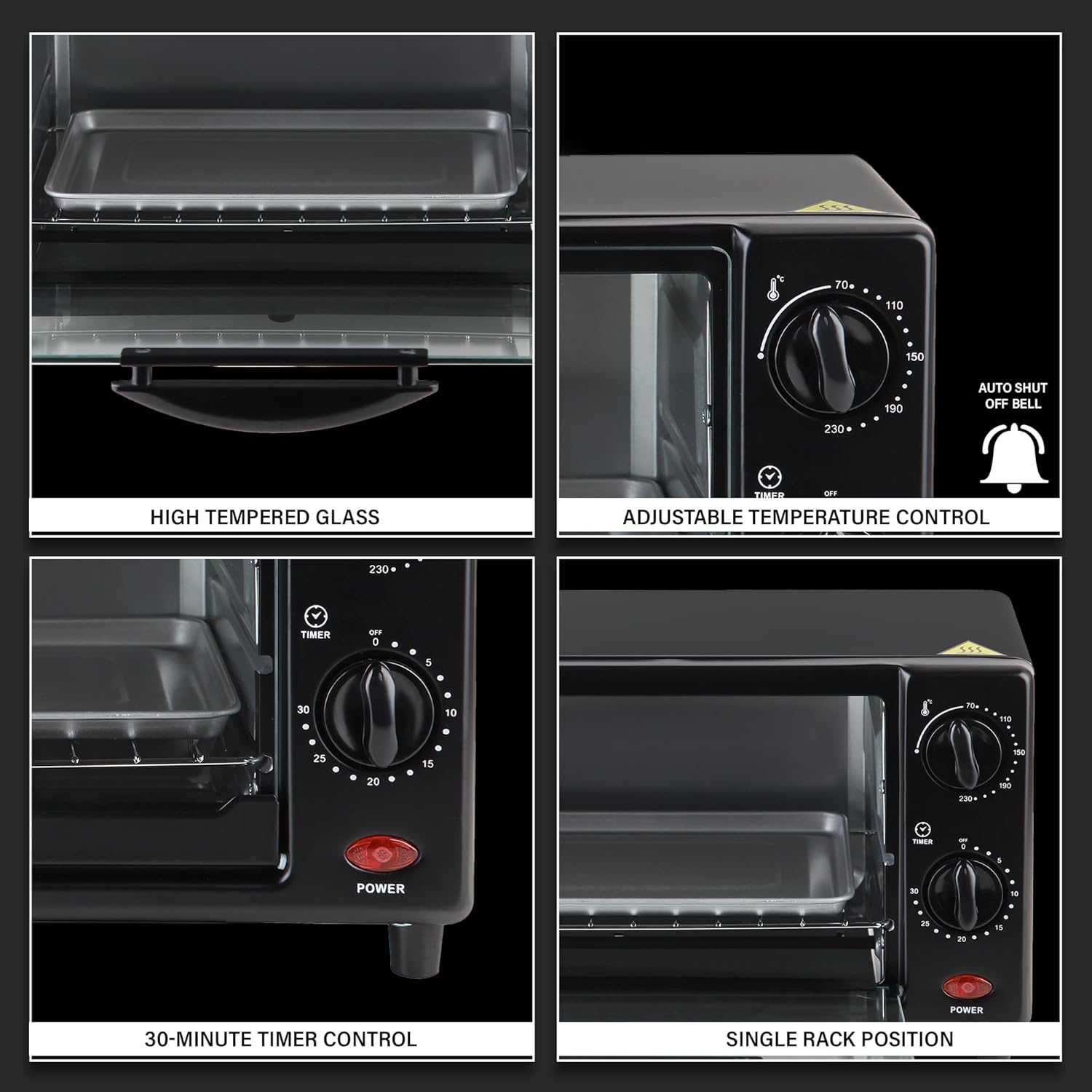 Belaco Mini 9L Toaster Oven Tabletop Cooking Baking Portable Oven 650w 100-250° Stainless steel heating tube incl. baking tray & wire rack - Image 7