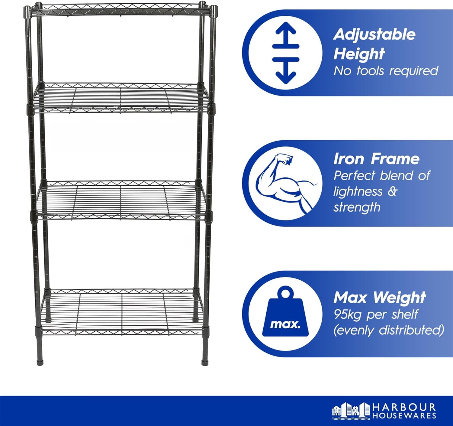 Harbour Housewares 6-Tier Shelving Unit - 180 x 60 x 35cm - Black 6 Shelf Wire Storage Unit with Adjustable Shelves & Levelling Feet Free Standing Garage Storage, Kitchen Organisation Wire Rack - Image 7