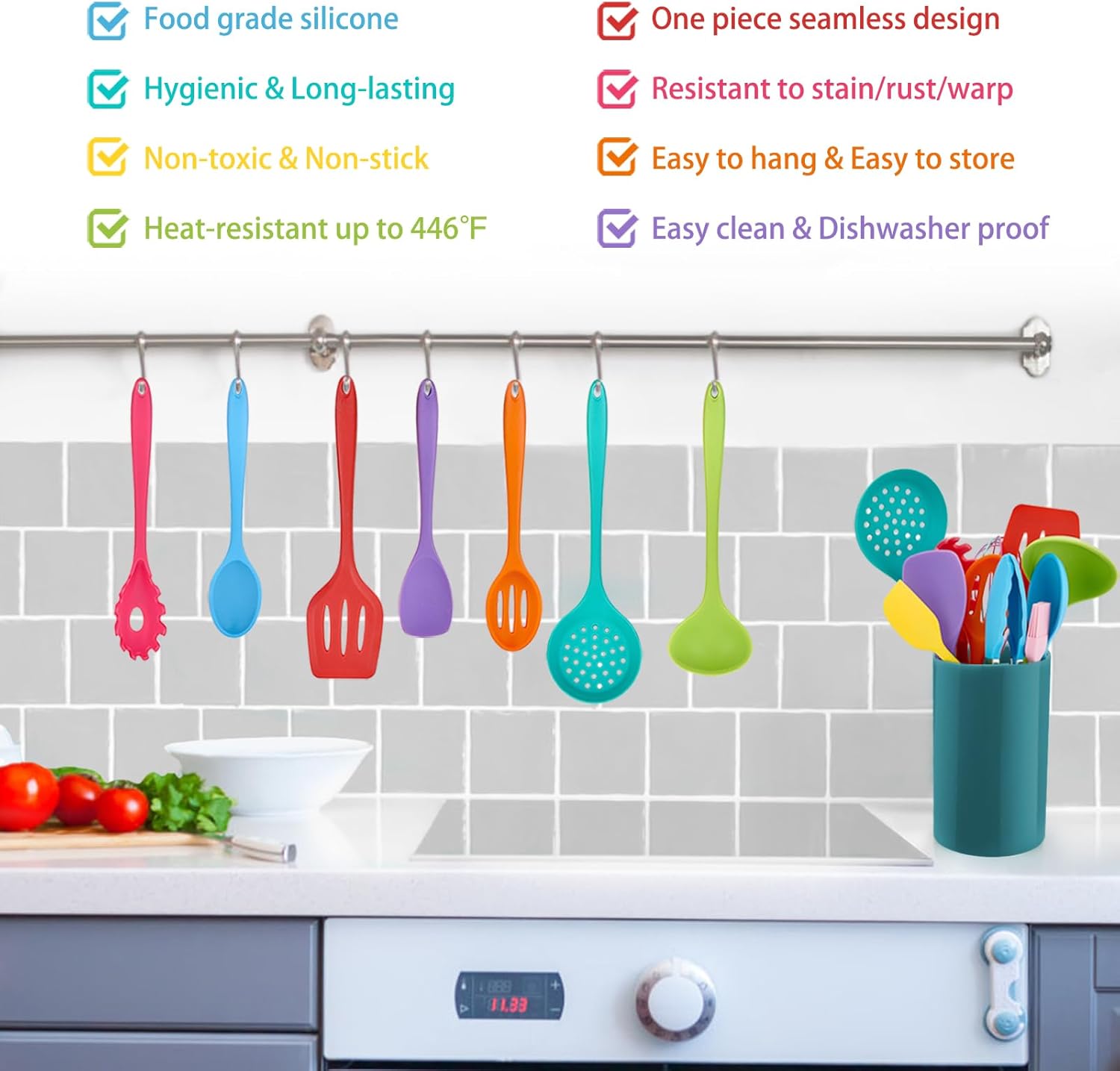 Kitchen Utensil Set, Homikit 12 Piece Cooking Utensils, Silicone Kitchen Utensils Set with Holder, Heat Resistant Kitchen Tools Include Spoons Turner Spatula Tong for Non-Stick Cookware, Multicolor - Image 3