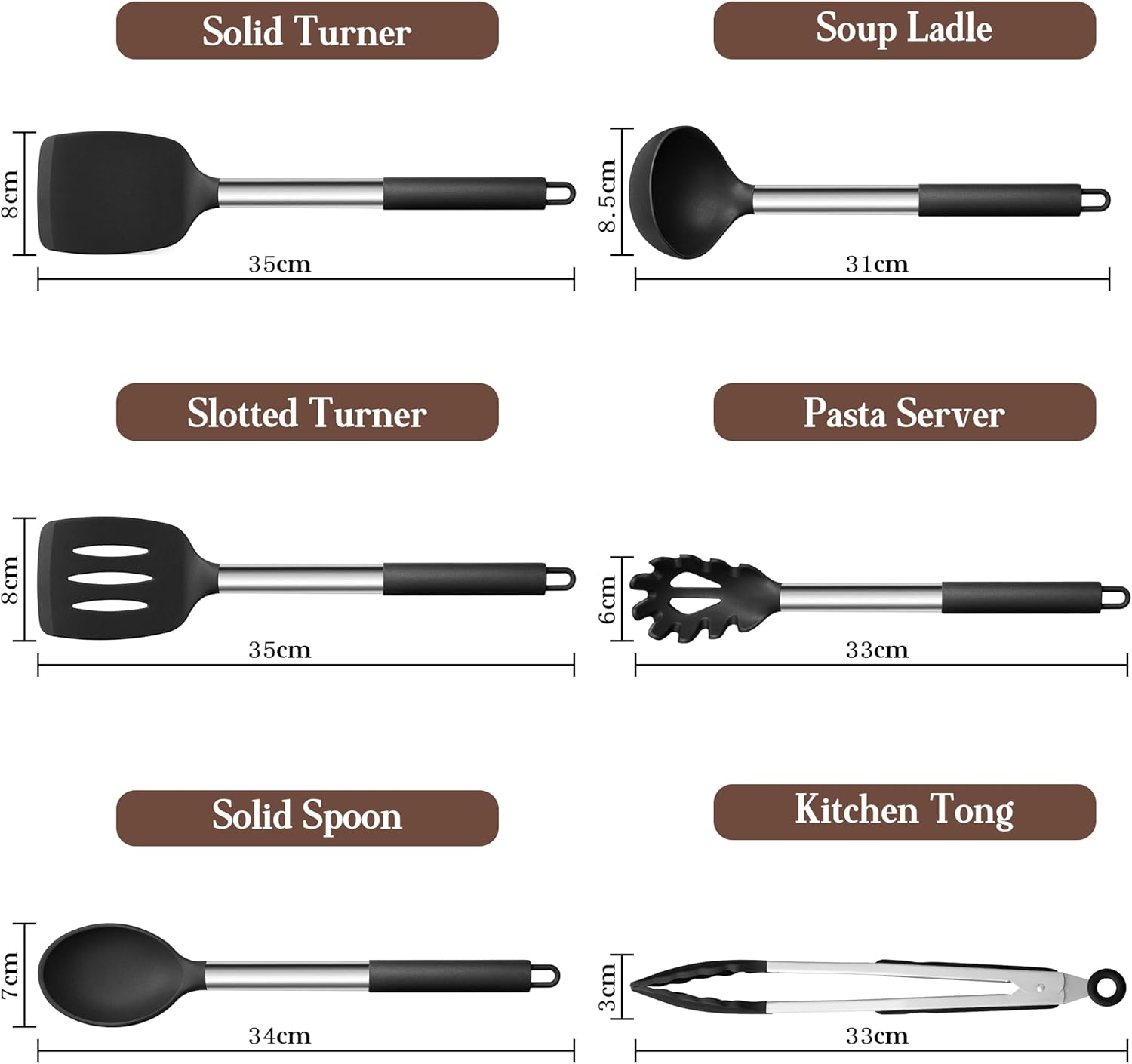 Onader Black Kitchen Utensils Set, 6 Pieces Silicone Cooking Utensils for Non-Stick Cookware, Heat Proof Kitchen Cooking Tools, Stainless Steel Handle & Dishwasher Safe - Image 2