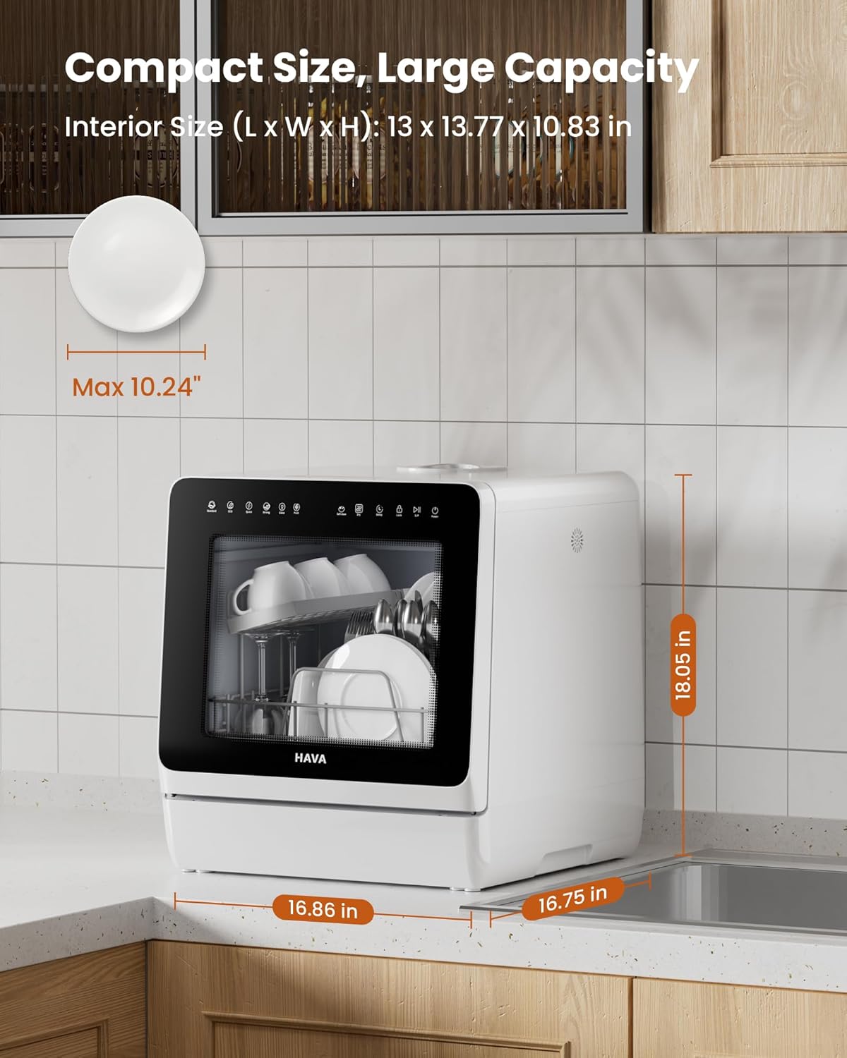 HAVA 2025 NEW Upgraded Table Top Dishwasher with Water Softener and Enhanced Energy Efficiency, Portable Dishwasher with 8 Wash Programs, Child Lock & Delayed Start Function, No Installation Needed - Image 9