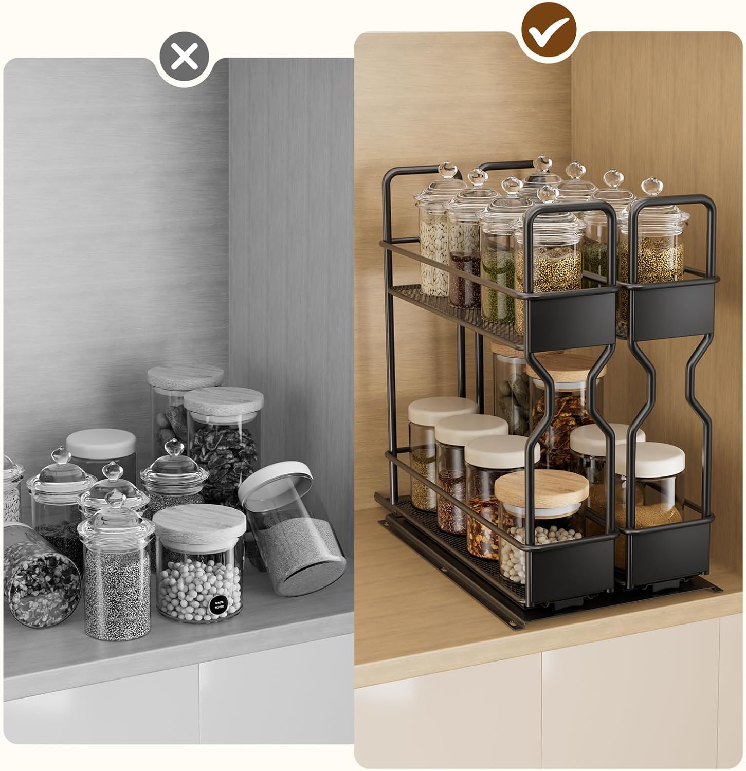 BTGGG Pull Out Spice Rack for Inside Cupboard 2 Tier Sliding Spice Rack Vertical Pull Out Cabinet Organiser Rack Easy to Install Metal Spice Organiser Seasoning Organiser for Kitchen Cupboard Cabinet - Image 9