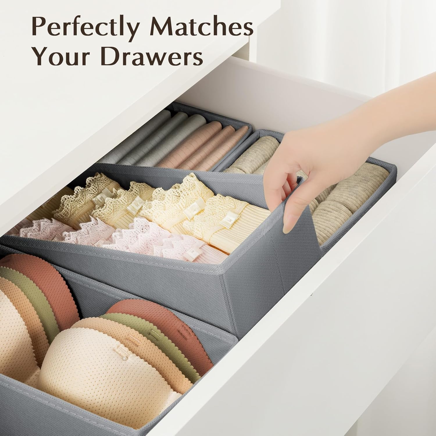 DIMJ Drawer Organisers 4 Pack Foldable Storage Box, Fabric Wardrobe Storage, Dresser Drawer Dividers Cubes for Bras, Socks, Underwear, Ties, Scarves, Cosmetics (Grey) - Image 3