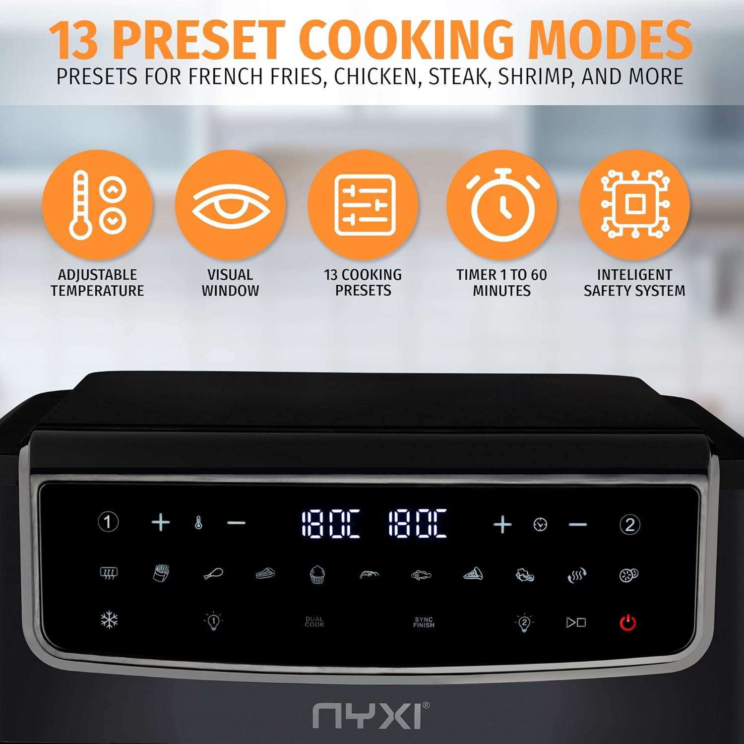 Nyxi Air Fryer 9L Dual Basket (4.5L Each), Visual Window, 13 Cooking Modes, Digital Control, Adjustable Temperature, Timer, Non-Stick Tray, Energy-Saving (Dual Basket, 9 Litre, Model 3867) - Image 5