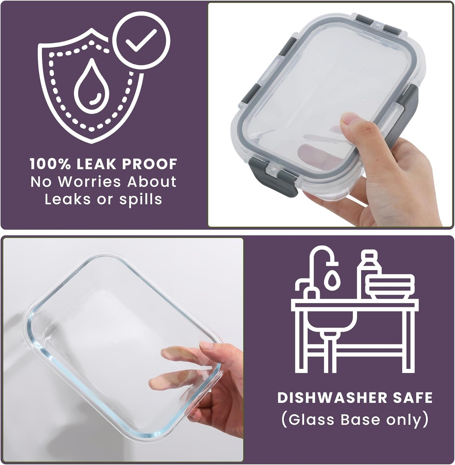 GRANZ Glass Food Storage Containers Pack Of 6 | BPA-Free Food Storage Containers, Airtight Snap Lock lid, Leak Proof Meal Prep Boxes, Stackable, Eco-Friendly, Reusable, Microwave & Dishwasher - Image 3