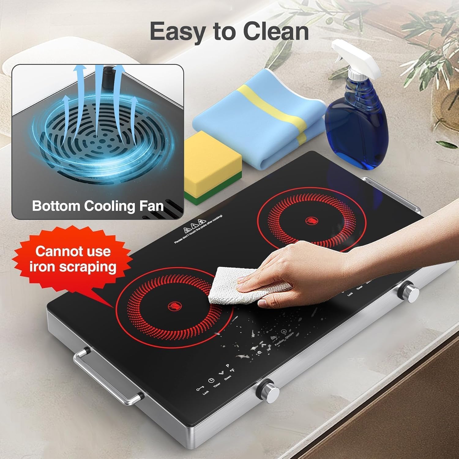 VBGK 2 Ring Electric Hob with Handle, 3520W Ceramic Hob 2 Zone, Double Electric Ceramic Hob Countertop, Safety Lock & 3H Timer, 220V-240V Plug in - Image 7