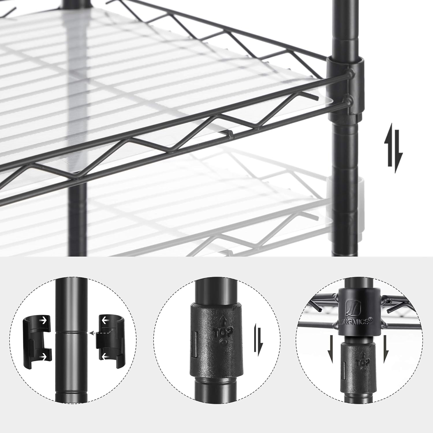 SONGMICS 5-Tier Shelving Unit, Metal Kitchen Storage Shelves, with Adjustable Wire Shelves, PP Liners, 8 Hooks, for Living Room, Garage, 30 x 40 x 121 cm, Black LGR115B01 - Image 8