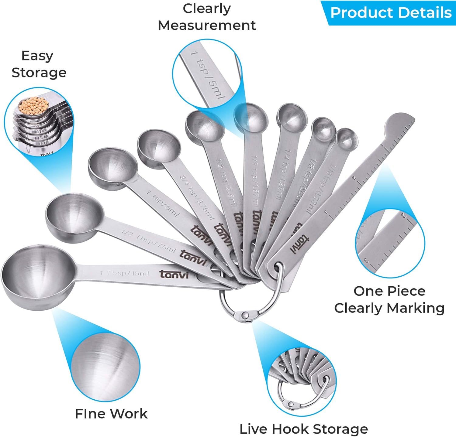 Tanvi Measuring Cups and Spoons Set (21 PCS) - Stainless Steel Measuring Ruler, Egg Separator, Leveler and Magnetic Measurement Conversion Chart with 2 D Rings - Image 4