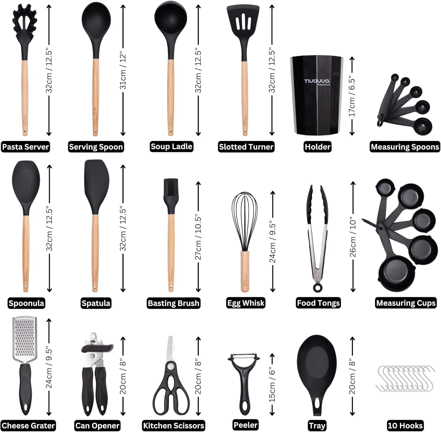 Kitchen Non Stick Cooking Utensils Set – Heat Resistant Silicone Utensils with Wooden Handle – Ladles, Spoons and Spatulas Set – Kitchen Tools & Accessories – 35pcs, Black – by Nuovva - Image 3