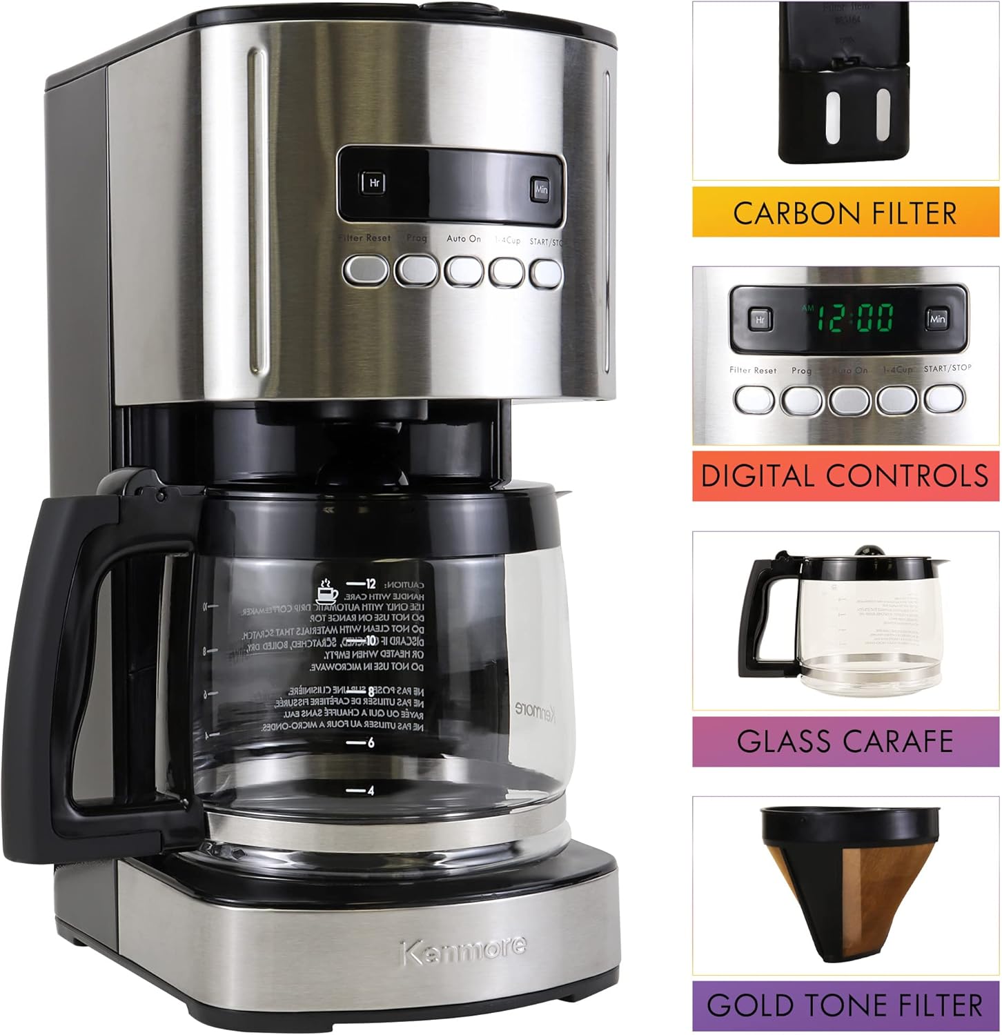 Kenmore Filter Coffee Machines 12-Cup Drip Coffee Makers with 1.8L Glass Pot for Ground Coffee Digital Display Programmable Timer Reusable Filter Auto Shut Off Warming Plate Kitchen Appliances Black - Image 3