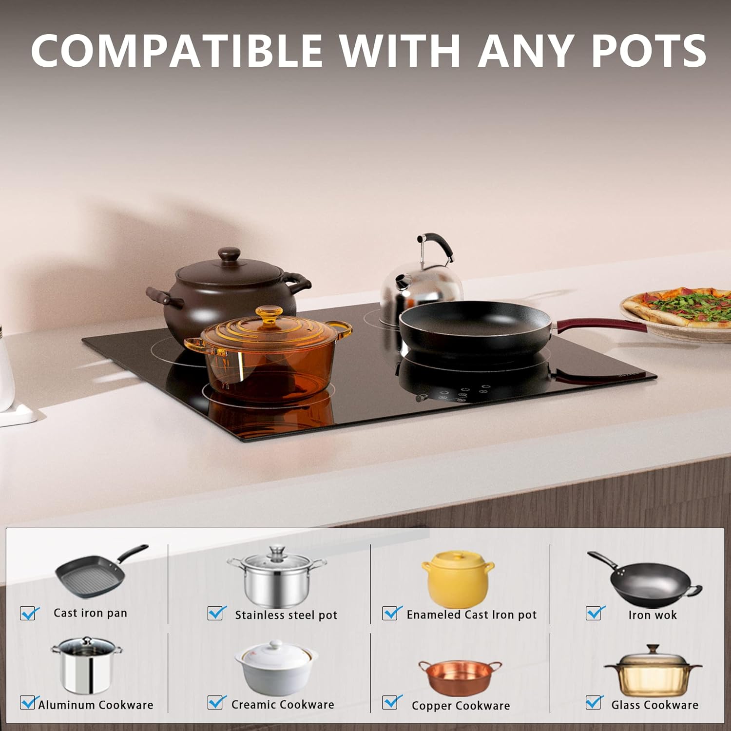 NOXTON Ceramic Hob, Built-in 4 Zone Electric Hob Cooker 60cm Unrestricted Pans 9 Power Level Heat Evenly Black Glass Touch Controls Safe Lock Heat Indicator - Image 2