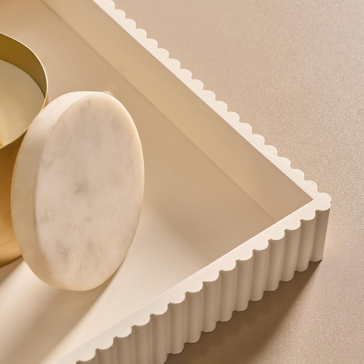 OHS Rectangle Decorative Tray, Ribbed Coffee Table Tray Modern Centrepiece Decoration Kitchen Counter Candle Holder Plastic Organiser Accessory Trays, Cream - Image 3
