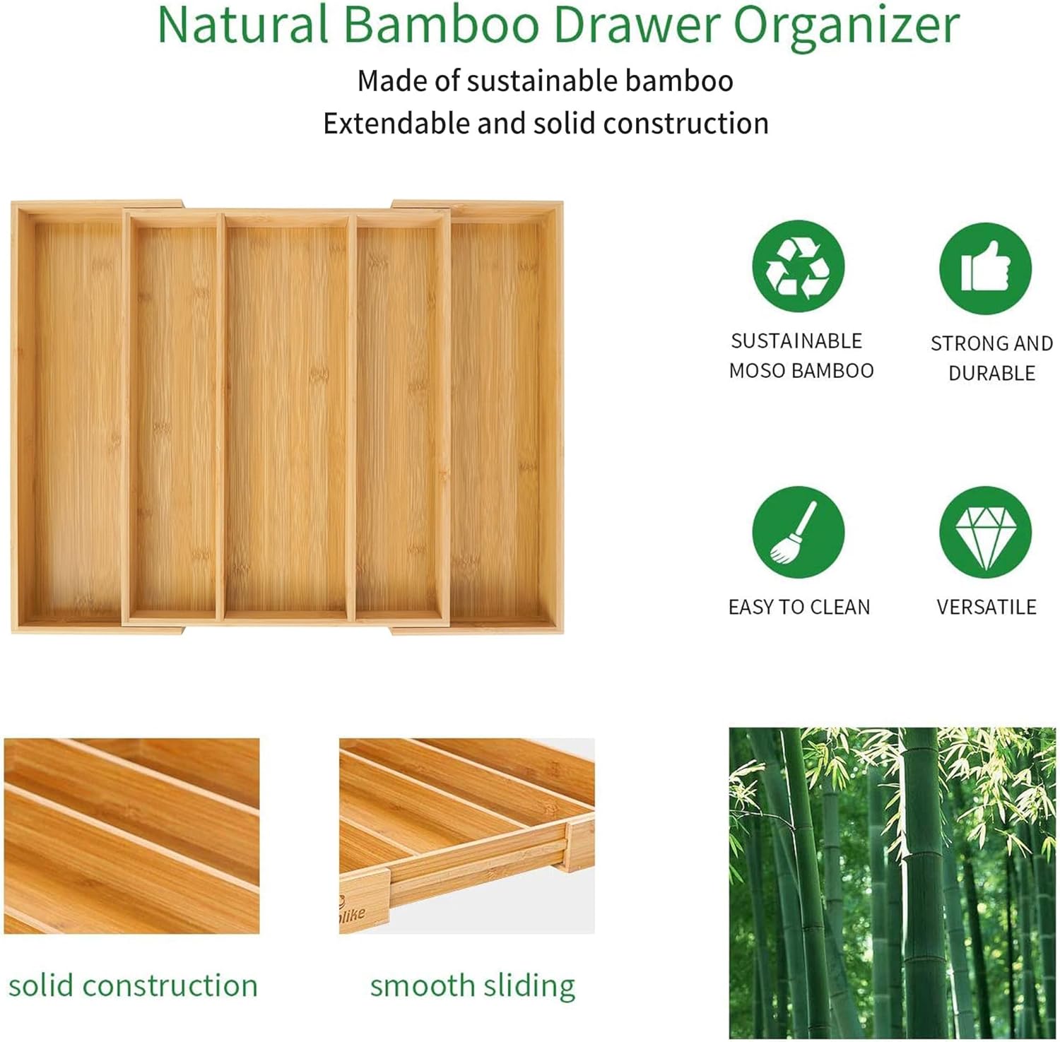 Utoplike Expandable Bamboo Drawer Organisers, Wooden Utensils Holder, Cutlery Tray Organiser, Adjustable Drawer Divider for Silverware, Flatware, Knives in Kitchen, Bedroom, Living Room - Image 6