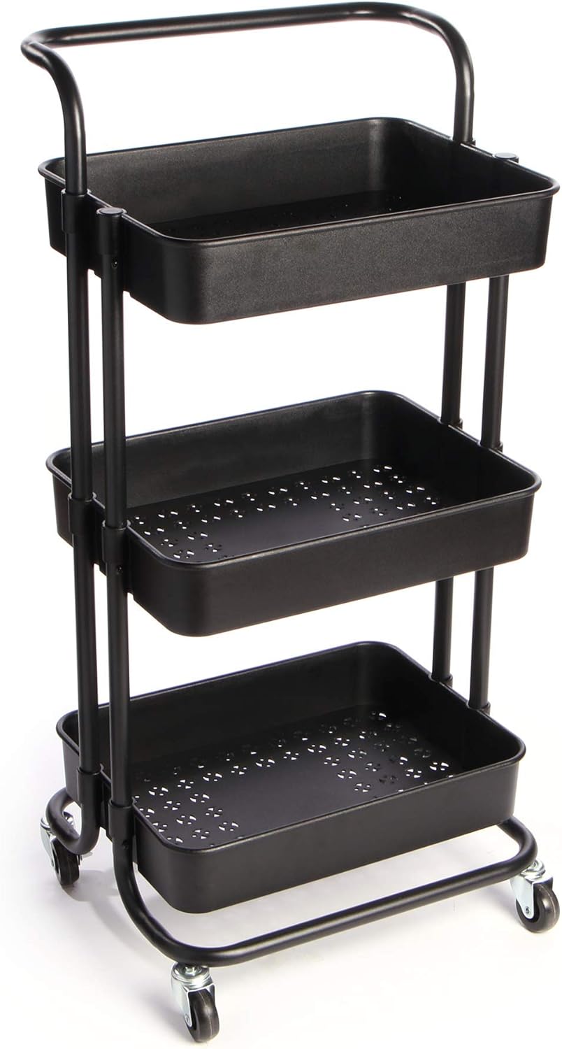 Maison & White 3 Tier Storage Trolley | Bathroom, Kitchen & Utility Unit | Book Cart | Make Up Rack | Mobile Organiser | Fruit & Vegetable Storage | M&W (Black)