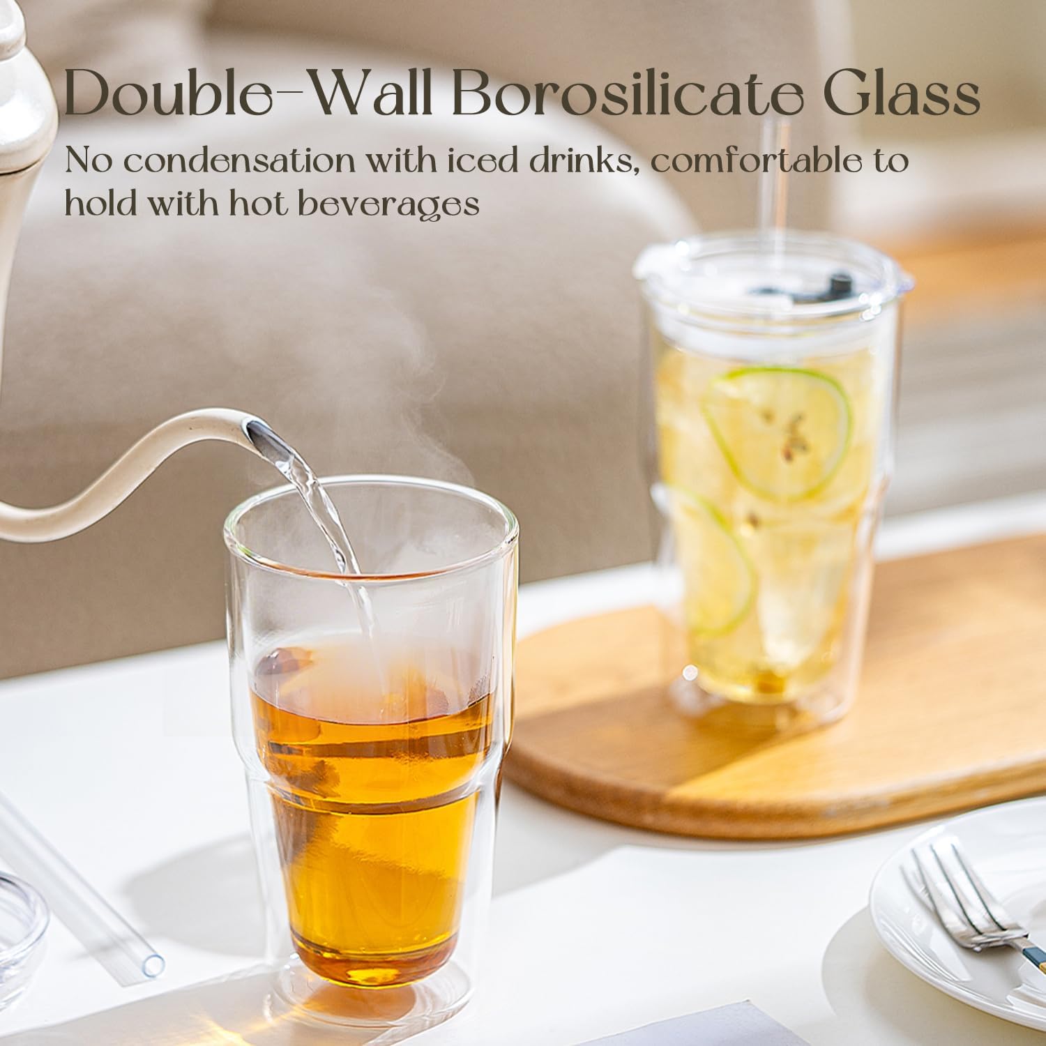 KEMORELA 2 Pack 16oz (480ml) Double Wall Glass Cups with Lids & Straws, Insulated Borosilicate Glass Coffee & Matcha Cups for Daily Use, Reusable Glass Drinkware - Image 5