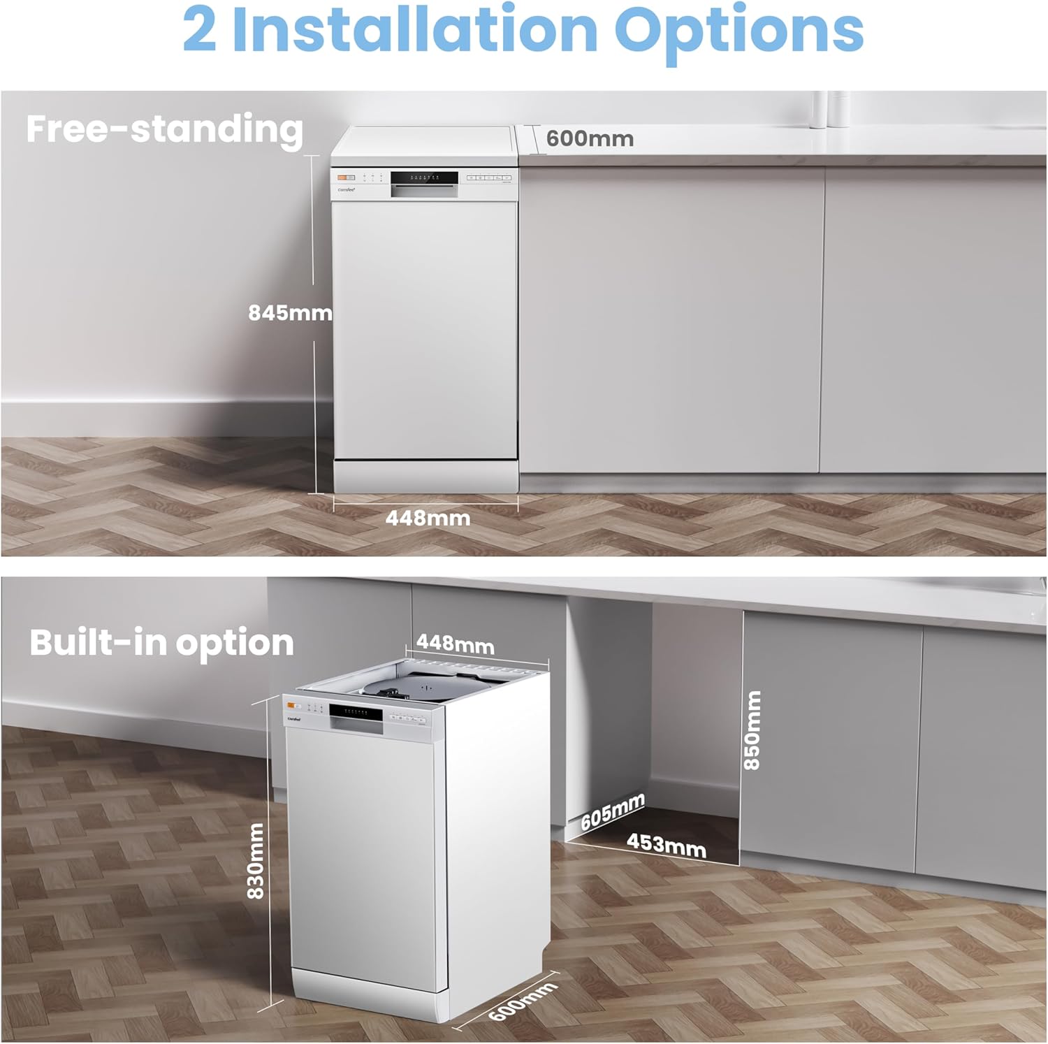 COMFEE' Freestanding Dishwasher CDWEF1034BW-UK 45cm Width, Slimline Dishwasher with 10 place settings, Quick Wash, Hygiene Wash, Delay Start, Half Load, Adjustable Basket - White - Image 7