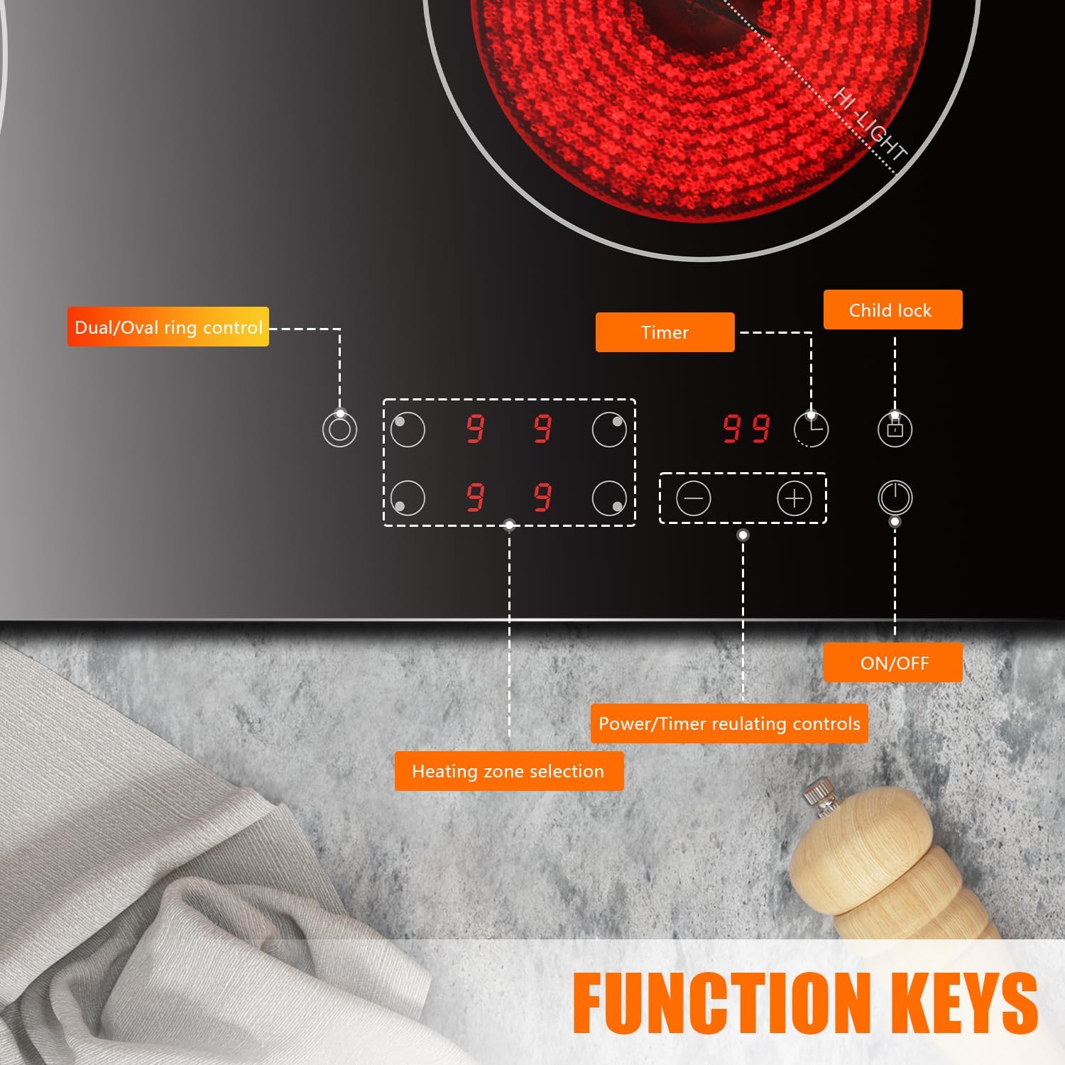 Karinear Ceramic Hob, 60cm Built-in 4 Zones Electric Cooktop with Dual Oval Zone 6600W, Hard Wired, No Plug Included - Image 3