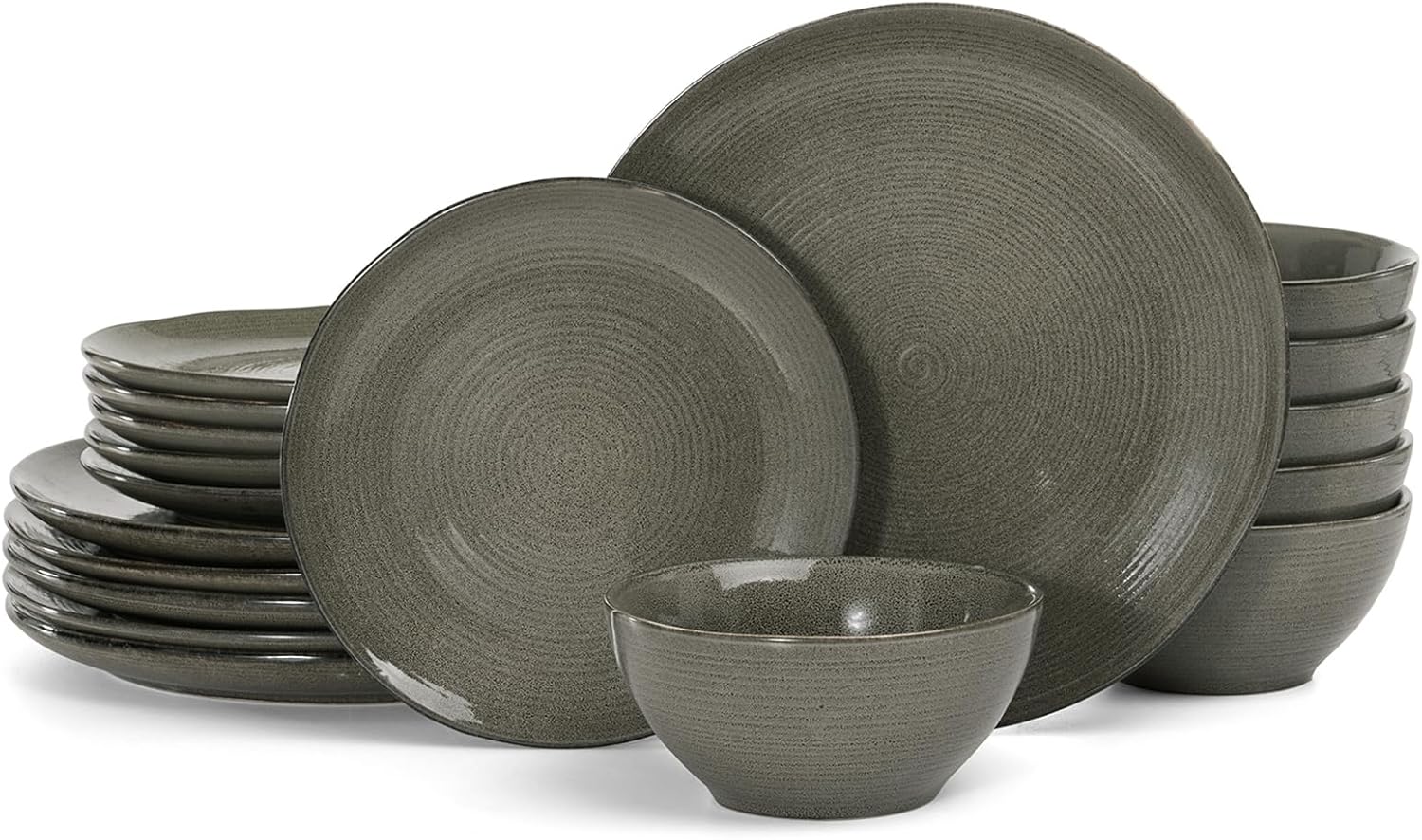 Richmount Tempus 18-Piece Dinner Set, Irregularly Shaped Swirl Stoneware Plates and Bowls Set, Dinner Sets for 6 People, Dinner Plates/Dessert Plate/Soup Bowl, Glazed Ceramic Dinnerware Set, DarkOlive