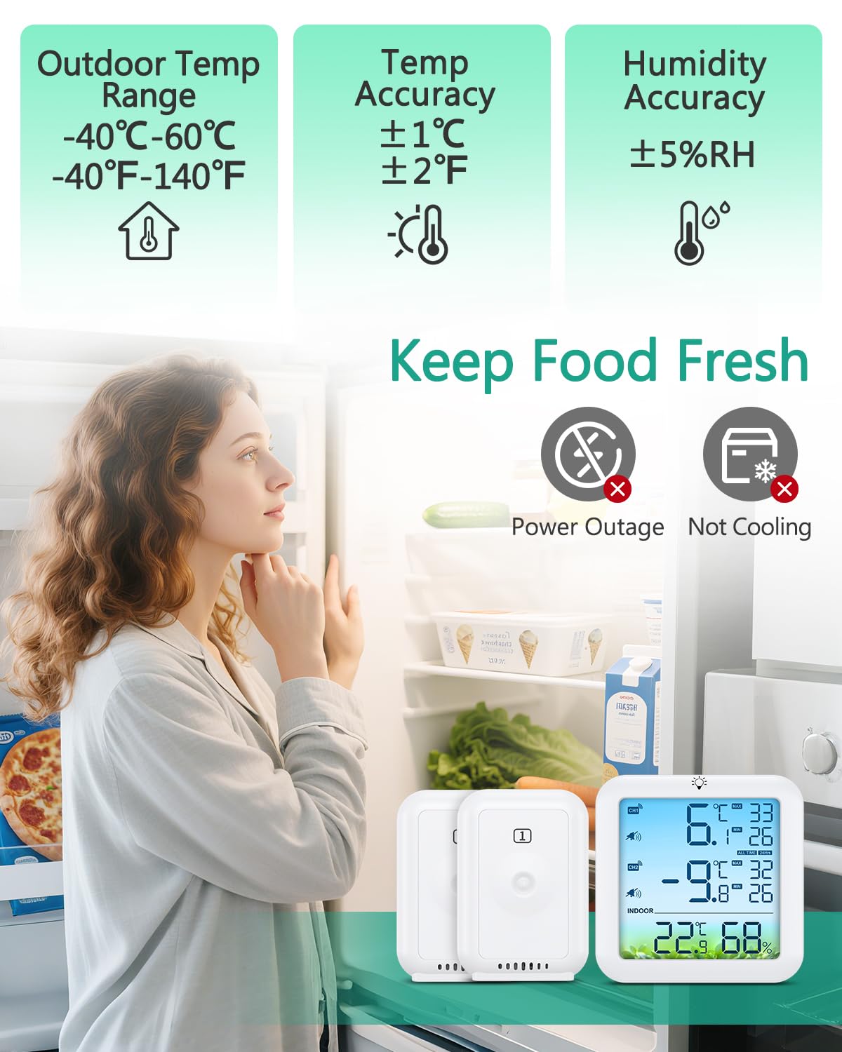 ORIA Wireless Fridge Thermometer, Digital Refrigerator Thermometer with 2 Sensors, Color Display, Max/Min Values, Alarm, USB/Battery Powered Freezer Temperature Sensor for Home - Image 3
