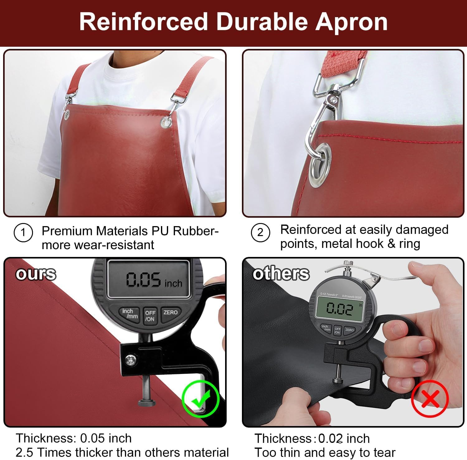 SHEOMERN PU Rubber Waterproof Aprons for Dishwashing, Heavy Duty Butcher Apron, Adjustable Cross Back Apron for Dishwasher, Red - Image 4