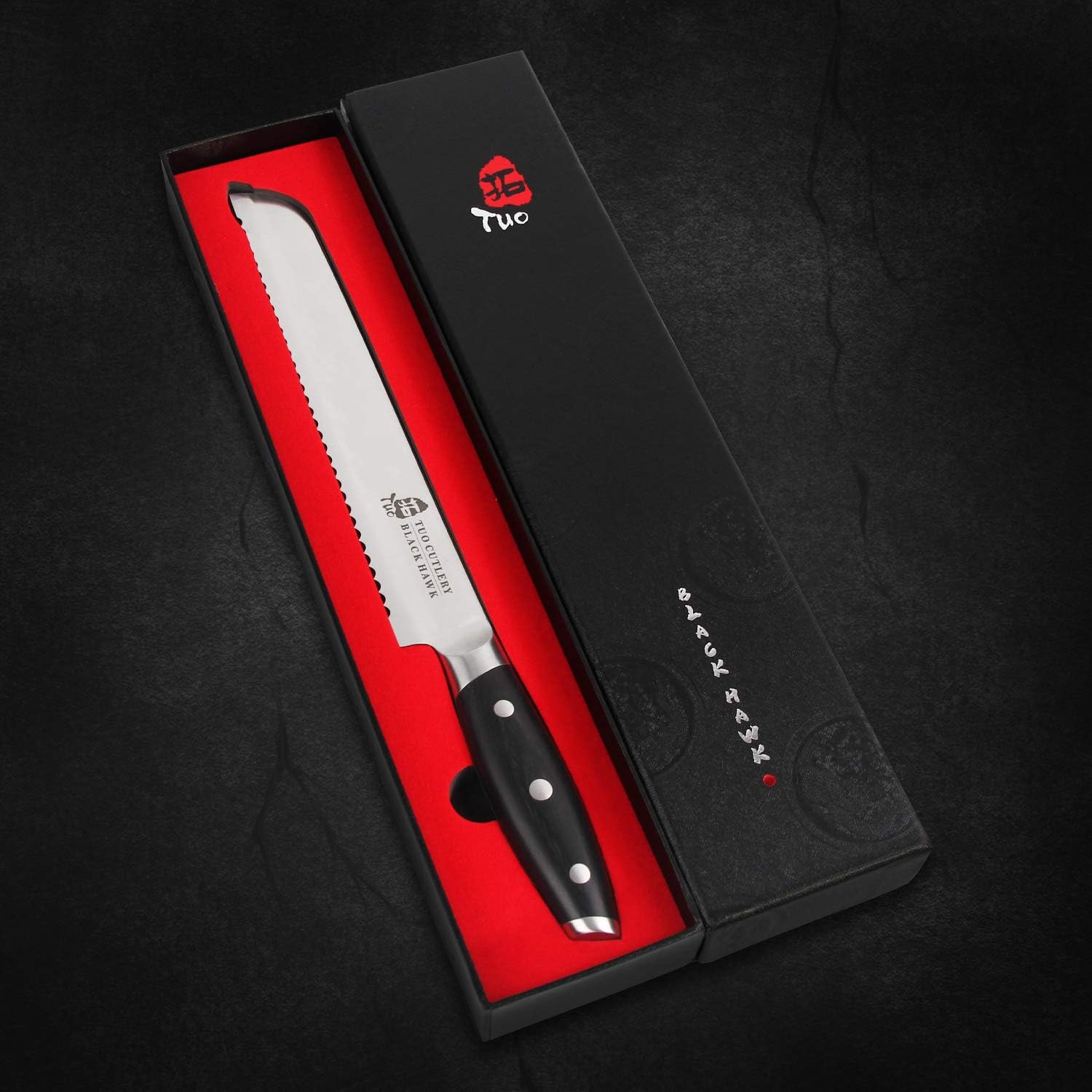 TUO Bread Knife, 9 inch Serrated Bread Cutting Knife, Multifunction Design for Sourdough Fruit, German High Carbon Stainless Steel with Full Tang Handle-Black Hawk Series - Image 6