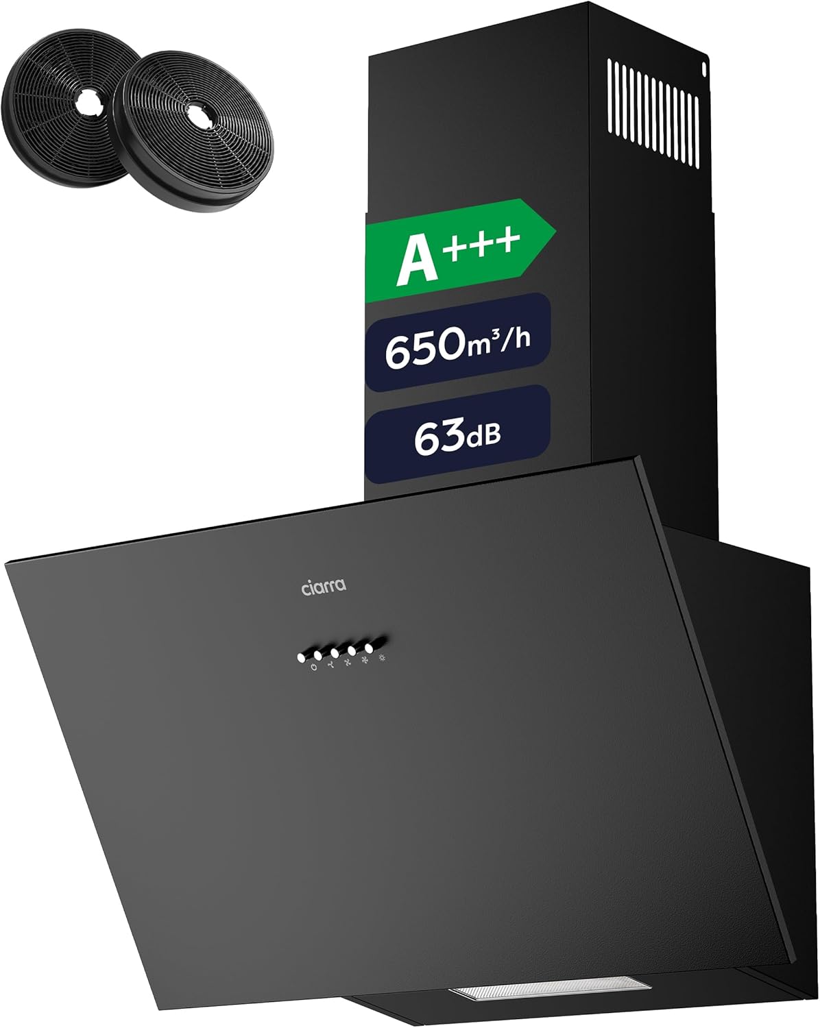 CIARRA CBCB6762A Angled Cooker Hood 60cm with CBCF003 Carbon Filters 650m³/h Head-Free Chimney Vent Hood with LED Lights Ducting&Recirculating Kitchen Extractor Fan