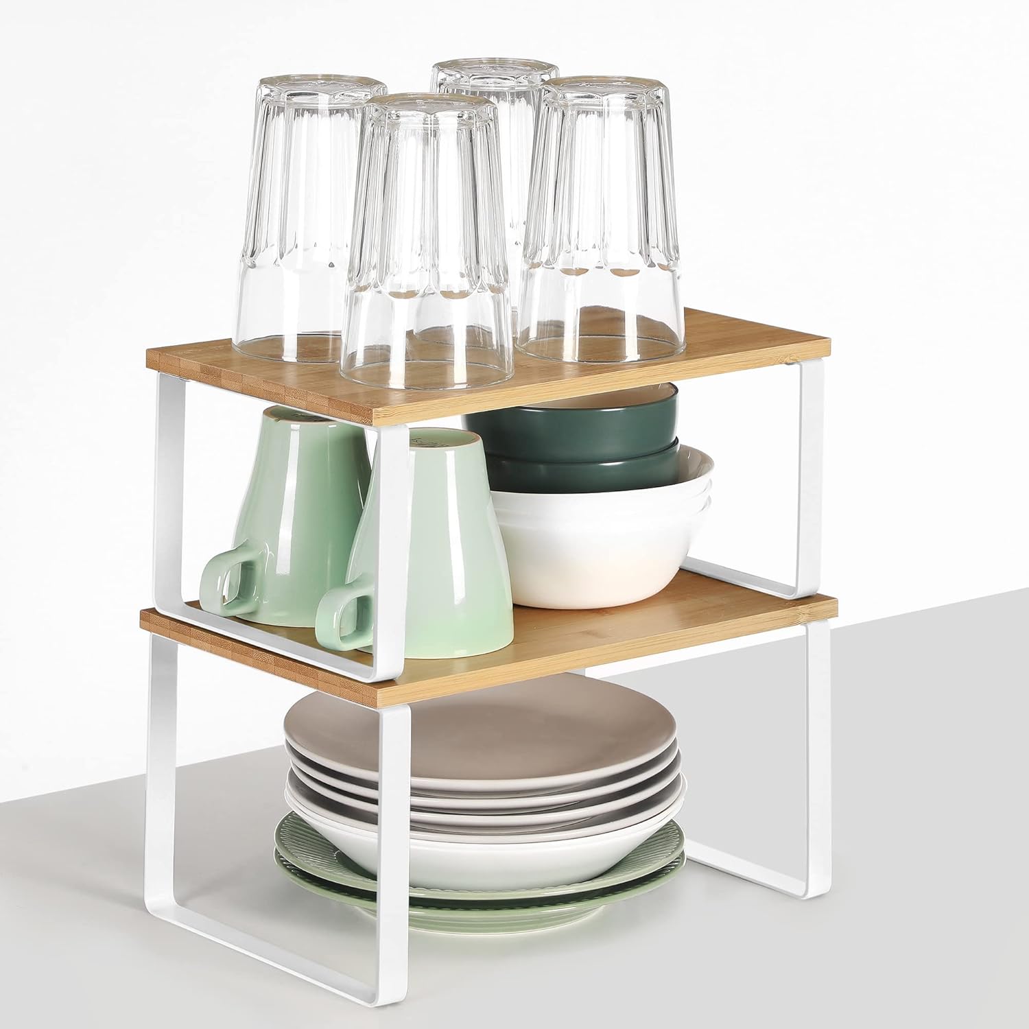 SONGMICS Spice Rack, Set of 2 Cupboard Shelf Organiser, Expandable Kitchen Shelf Organiser, Stackable Spice Holder, Metal and Engineered Wood, White and Natural KCS02NW - Image 7