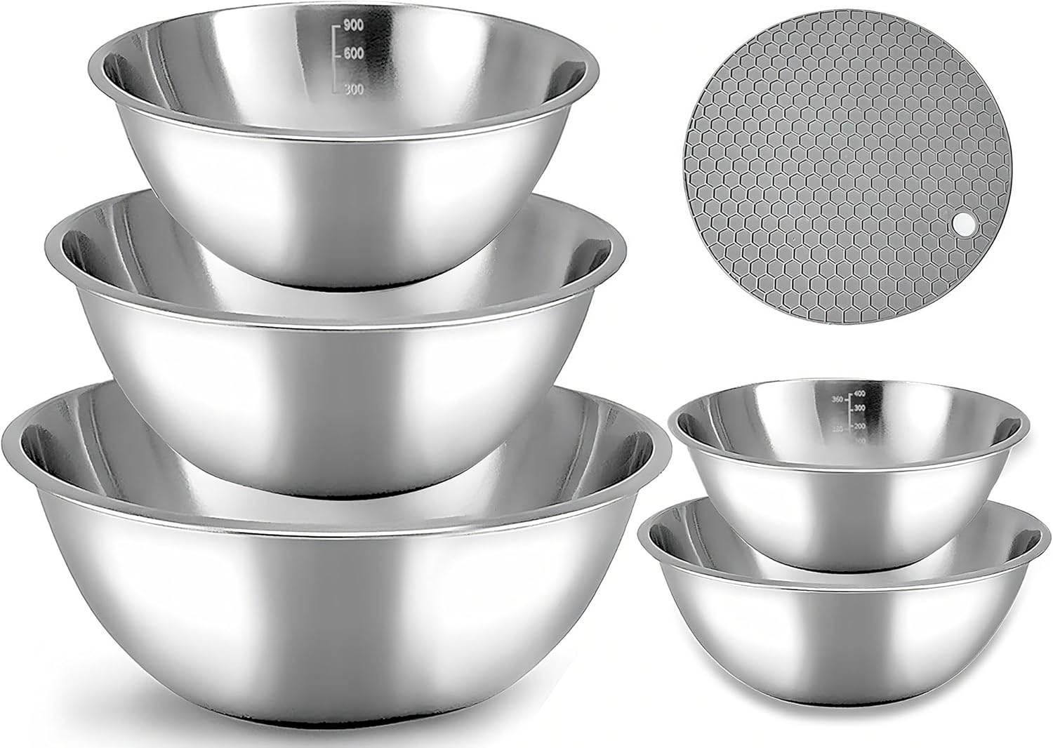 Stainless Steel Mixing Bowl (5-Piece Set) with A Silicone Non Slip Trivet, Kitchen Mixing Bowls with Measurement Markings, Size 0.6, 0.9, 1.6, 2.0, 2.6L for Baking & Cooking, Dishwasher Safe