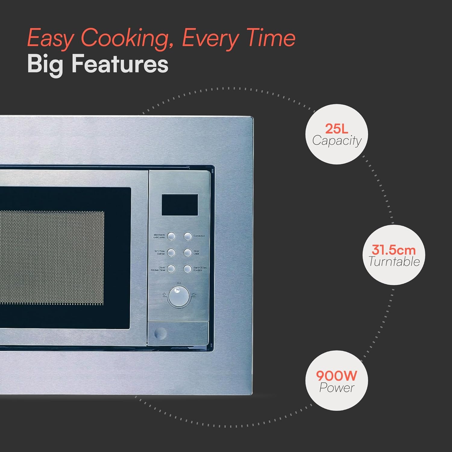Cookology BIM25LWO Integrated Microwave and Grill in Silver - Compact 25 Litre Capacity - 900W - Built-in Microwave 60cm - 10 Auto Cooking Presets - Child Lock - Image 3