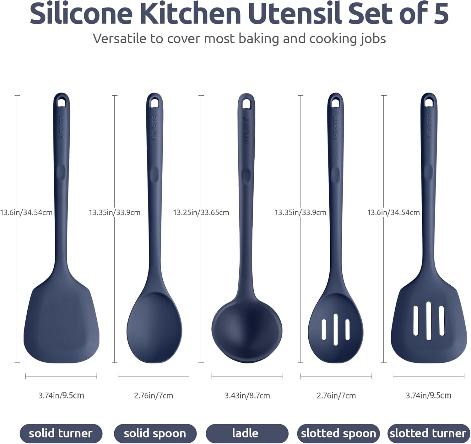 U-Taste Extra Long Silicone Kitchen Utensils, 5 Pcs 315℃ Heat Resistant Food Grade Cooking Tools Non-Stick Silicone Spatula Turner Spoon for Mixing Serving Frying Stirring Draining (Midnight Blue) - Image 2