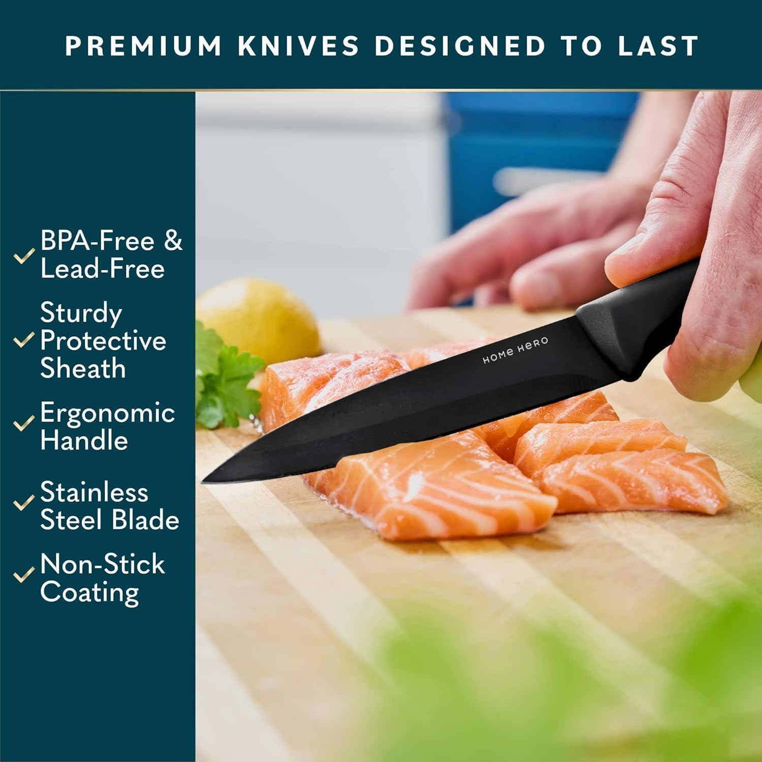 Home Hero 5-Piece Kitchen Knife Set with Protective Sheaths & 2-Stage Sharpener, Black Stainless Steel Chef, Bread, Carving, Utility & Paring Knives - Image 6