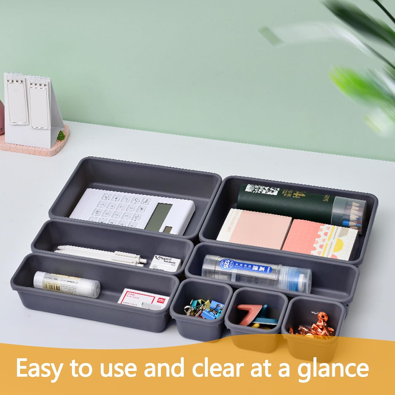8Pcs Drawer Organiser - Interlocking Drawer Dividers Plastic Storage Trays, 3 Sizes Uncluttered Storage Drawer Tidy Trays Dividers for Kitchen Office Desk Make-Up Stationery Bathroom Jewellery (Grey) - Image 3