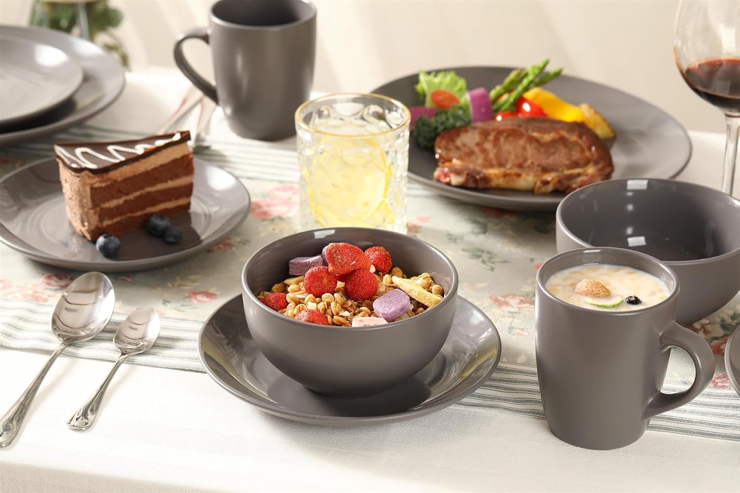 simpa 24PC Grey Glazed Ceramic Stoneware Dinner Set. 6 Dinner Plates, 6 Side Plates, 6 Bowls & 6 Mugs. Dishwasher & Microwave Safe. - Image 5
