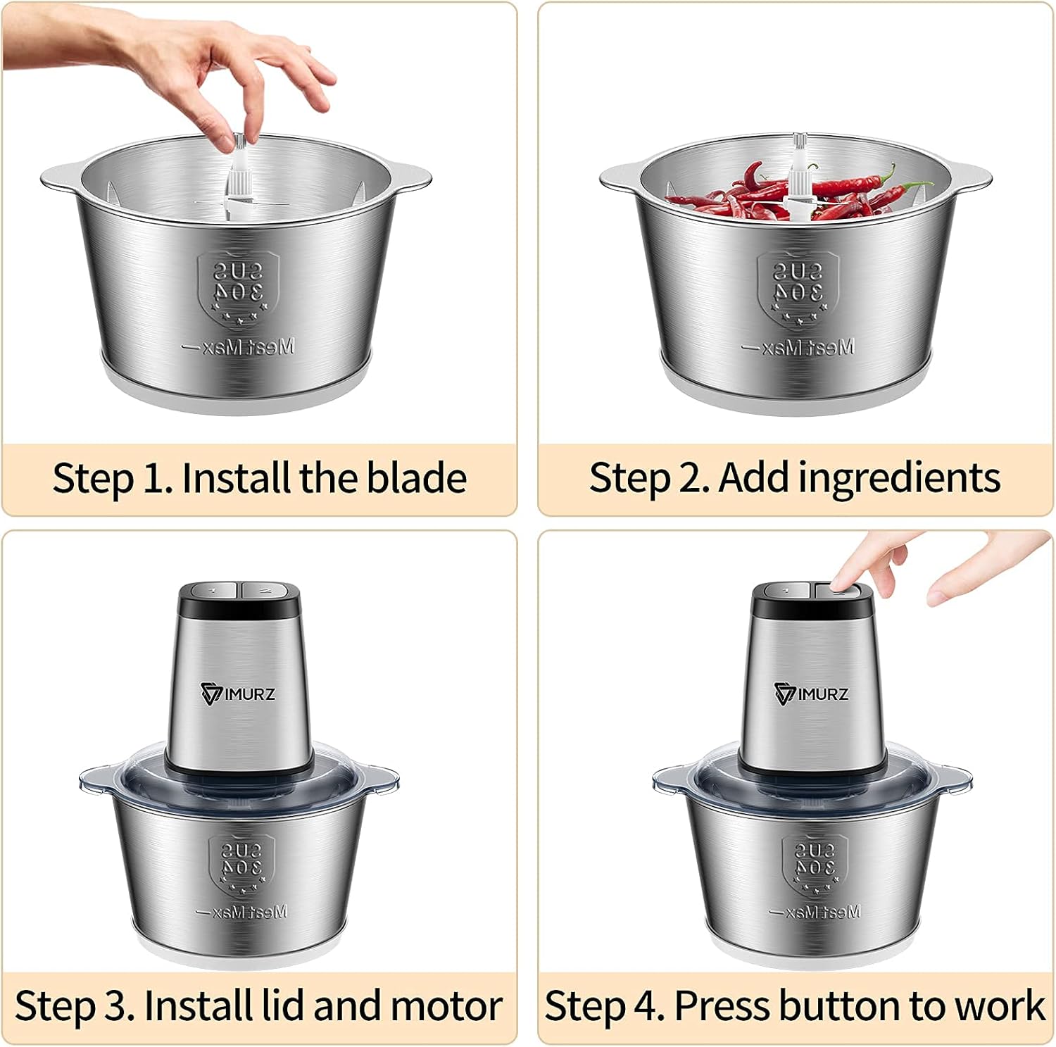 Mini Chopper Electric Food Processor with 2 Litre Stainless Steel Bowl, 2 Speeds, 4 Bi-Level Blades,500W, Silver - Image 6