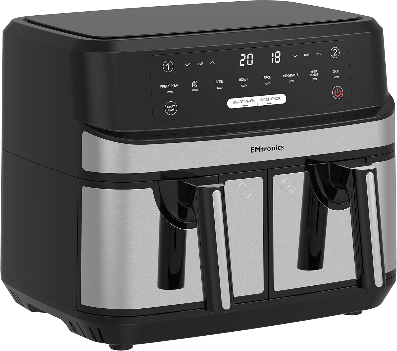EMtronics EMAFDD9LSL Dual Air Fryer Extra Large Family Size Double XL 9 Litre with 8 Pre-Set Menus for Oil Free & Low Fat Healthy Cooking, Easy Clean Metal Interior, 99-Minute Timer - Stainless Steel - Image 3