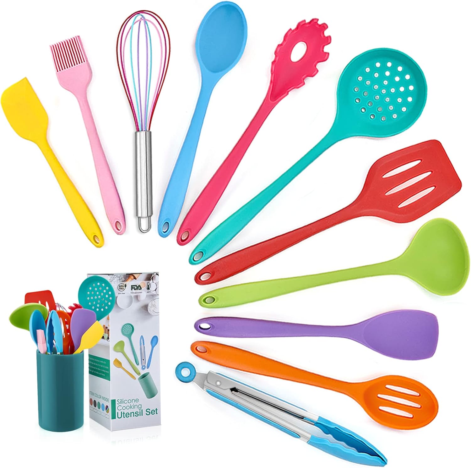 Kitchen Utensil Set, Homikit 12 Piece Cooking Utensils, Silicone Kitchen Utensils Set with Holder, Heat Resistant Kitchen Tools Include Spoons Turner Spatula Tong for Non-Stick Cookware, Multicolor