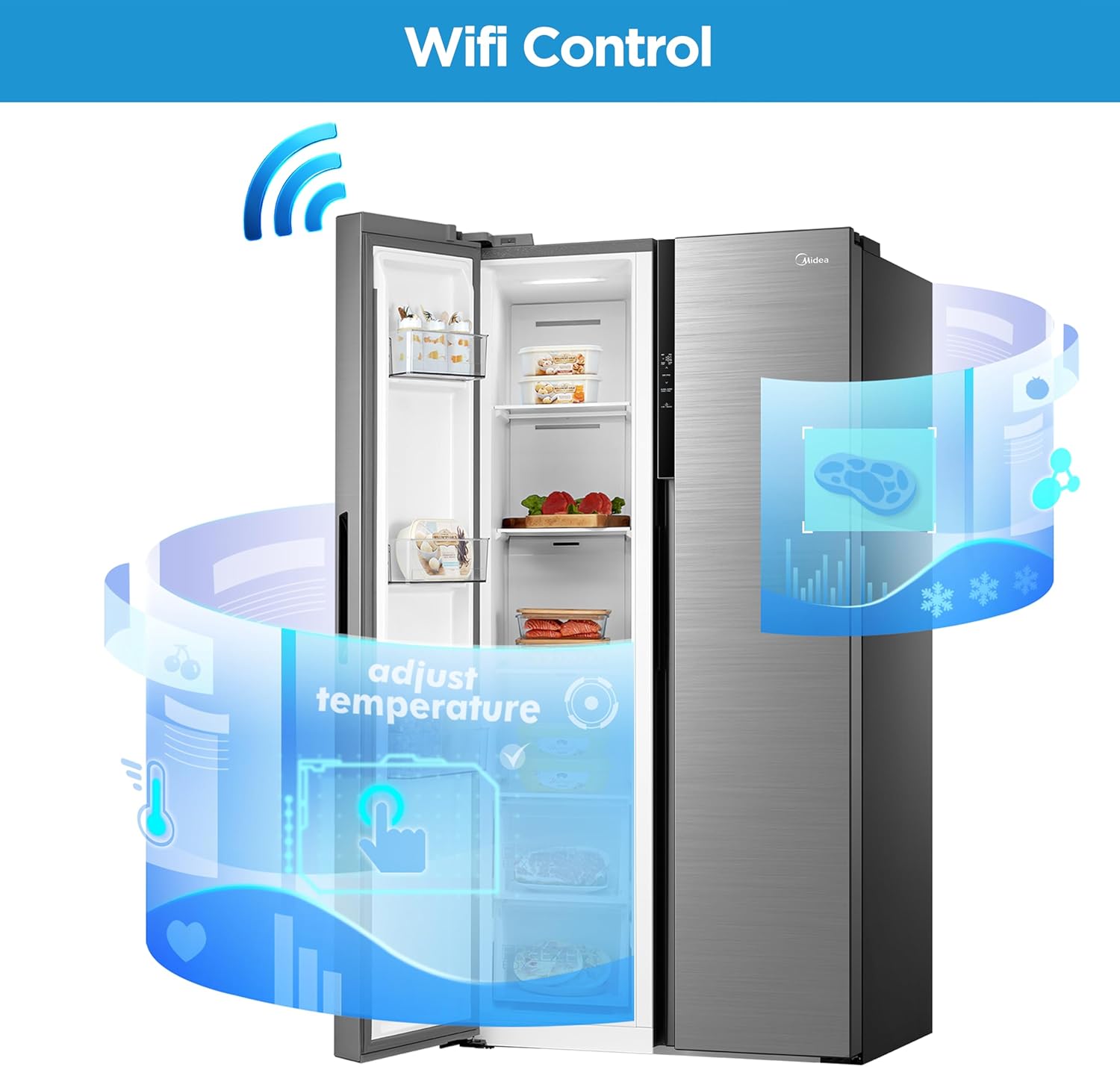 Midea MDRS619FIE46 460L American Side-By-Side Fridge Freezer, Total No Frost, WiFi Smart Control, PlasmaPure Fresh System, 271L Fridge, 189L Freezer, 83.5W x 63.5D x 177.5H cm, Stainless Steel - Image 3
