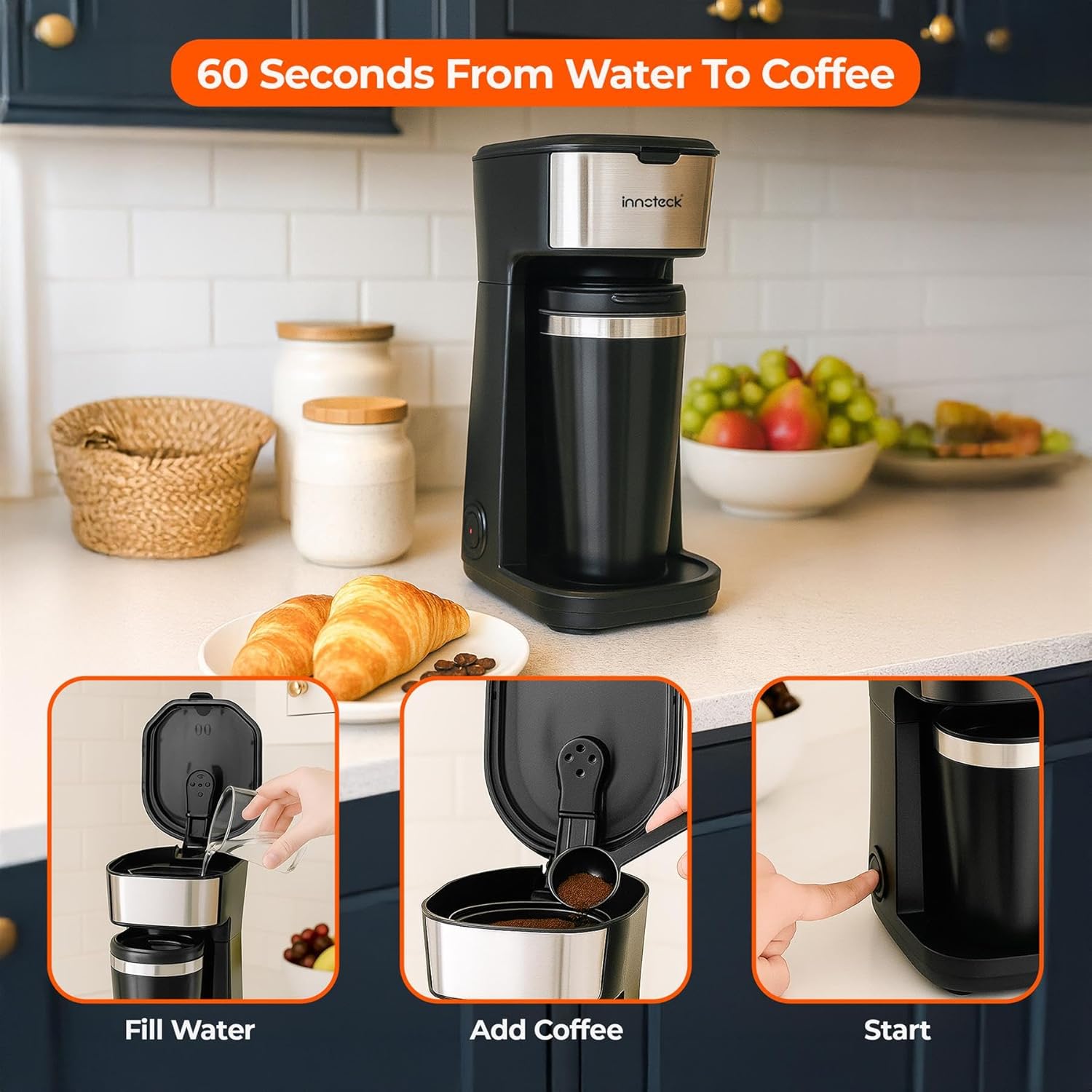Innoteck 450W Single Serve Coffee Maker with Stainless Steel Interior 400ml Travel Mug – Compact Filter Coffee Machine with Reusable Nylon Filter, Fast Brewing & Overheat Protection – Black - Image 2
