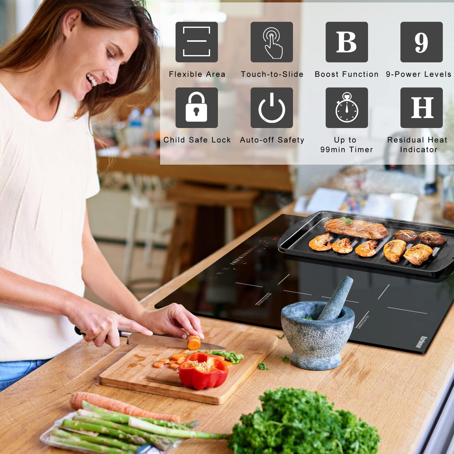 Karinear Flex Induction Hob with 99 Min Timer Safe Lock Black,4 Ring Electric Hob 60cm with Hard Wire(7200W) - Image 5