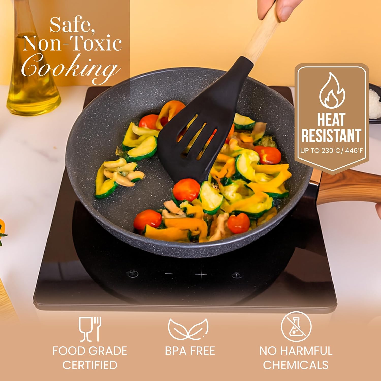 Kitchen Non Stick Cooking Utensils Set – Heat Resistant Silicone Utensils with Wooden Handle – Ladles, Spoons and Spatulas Set – Kitchen Tools & Accessories – 35pcs, Black – by Nuovva - Image 5