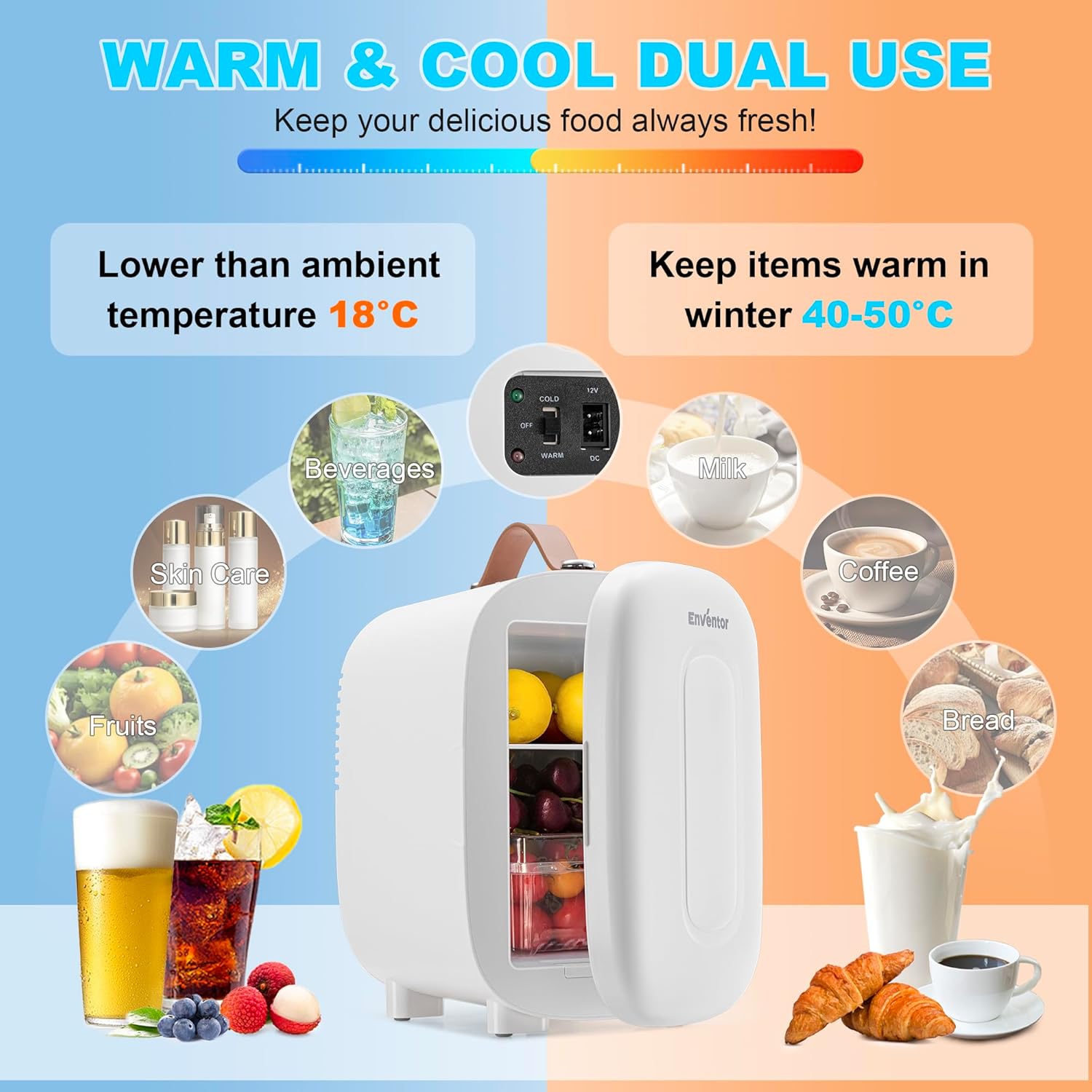 Enventor Mini Fridge 4 Litre/ 6 Can, AC+12V DC Power, Portable Cooler & Warmer, Small Fridge for Bedrooms, Car, Skincare, Fruit and Drinks, White - Image 2